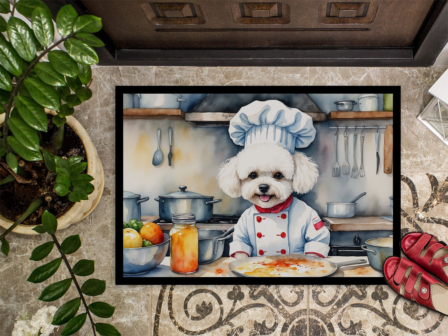 Bichon Frise The Chef Doormat Front Door Mat Indoor Outdoor Rugs for Entryway, Non Slip Washable Low Pile, 24H X 36W