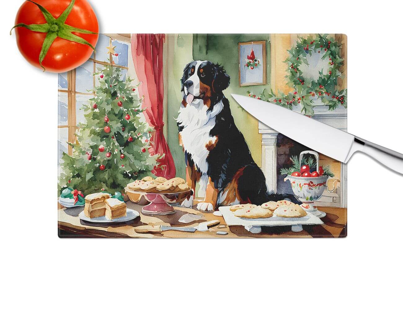 NEW Bernese Mountain Dog Christmas Cookies Glass Cutting Board Decorative Tempered Glass Kitchen Cutting and Serving Board Large Size Chopping Board