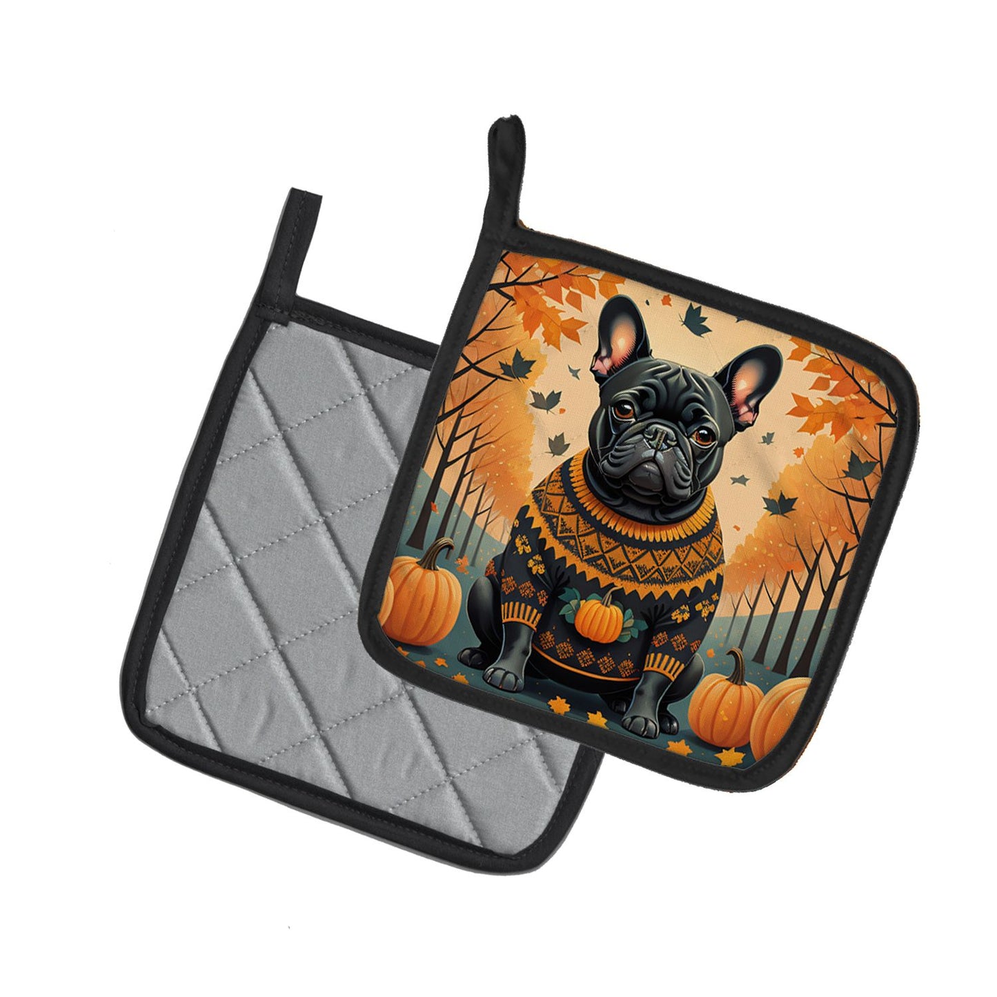 Black French Bulldog Fall Pair of Pot Holders Kitchen Heat Resistant Pot Holders Sets Oven Hot Pads for Cooking Baking BBQ, 7 1/2 x 7 1/2