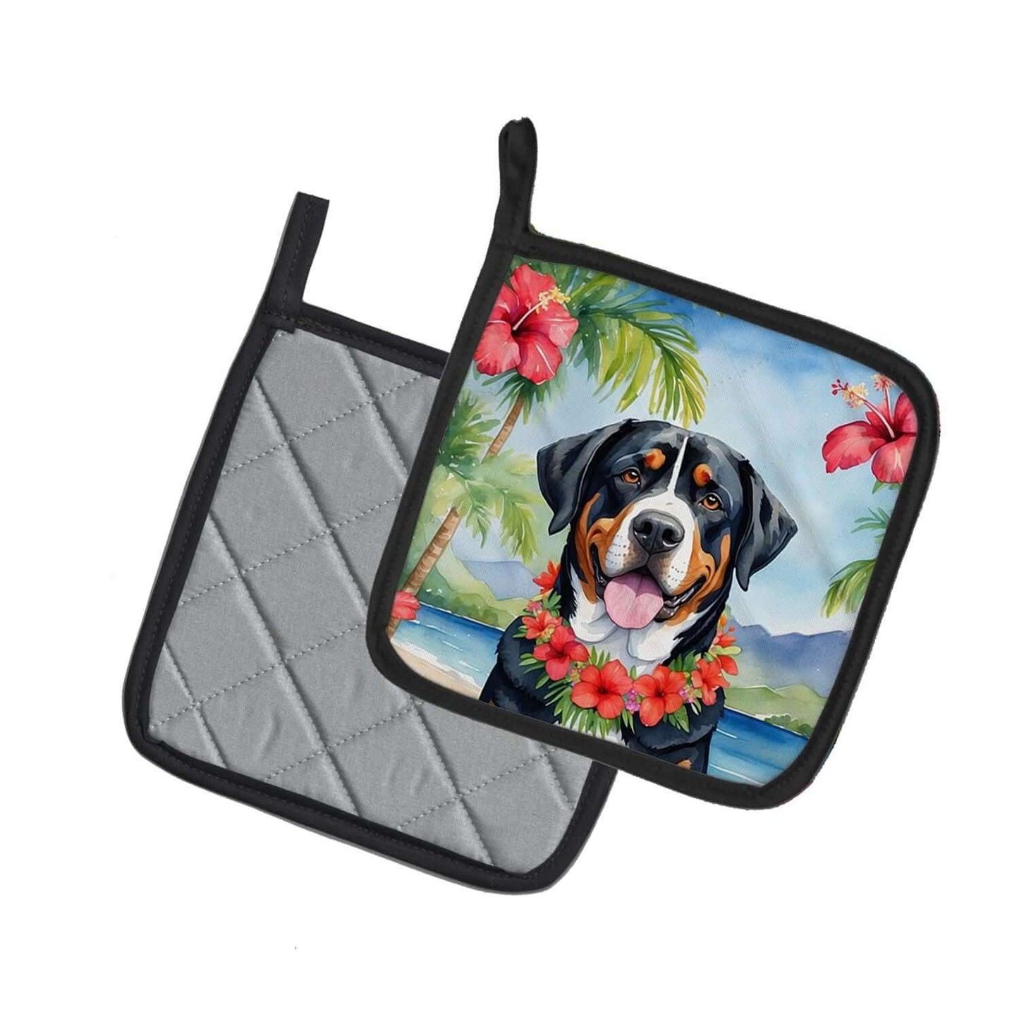 Greater Swiss Mountain Dog Luau Pair of Pot Holders Kitchen Heat Resistant Pot Holders Sets Oven Hot Pads for Cooking Baking BBQ, 7 1/2 x 7 1/2