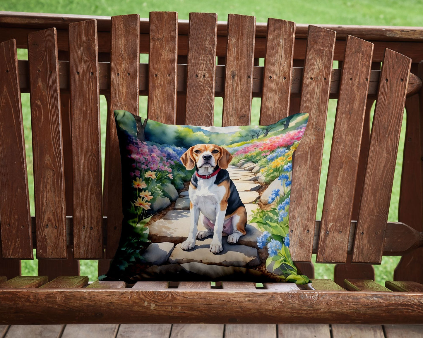 Beagle Spring Garden Throw Pillow Machine Washable, Indoor Outdoor Decorative Pillow for Couch, Bed or Patio, 14Hx14W