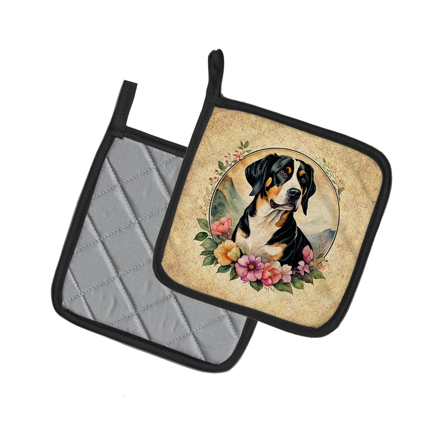 Entlebucher Mountain Dog and Flowers Pair of Pot Holders Kitchen Heat Resistant Pot Holders Sets Oven Hot Pads for Cooking Baking BBQ, 7 1/2 x 7 1/2