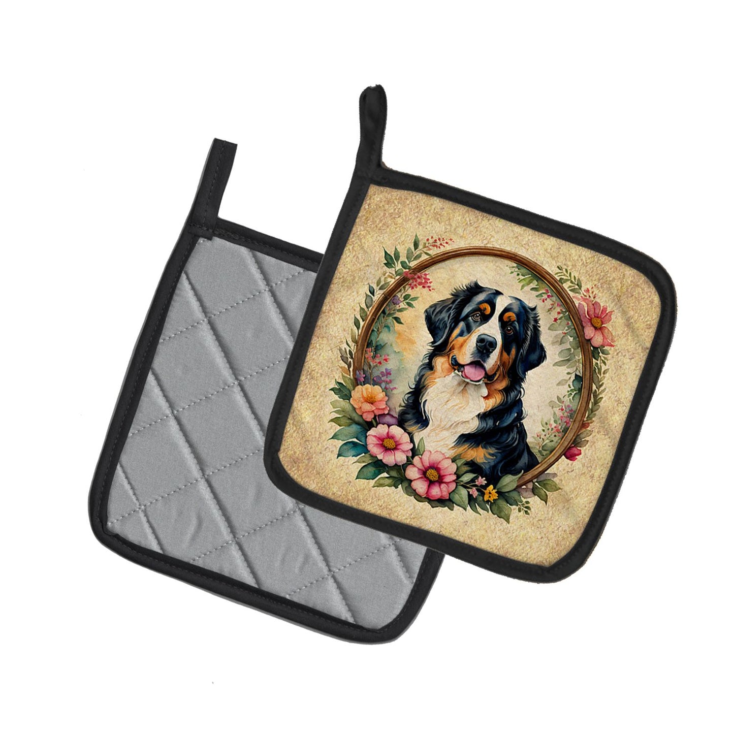 Bernese Mountain Dog and Flowers Pair of Pot Holders Kitchen Heat Resistant Pot Holders Sets Oven Hot Pads for Cooking Baking BBQ, 7 1/2 x 7 1/2