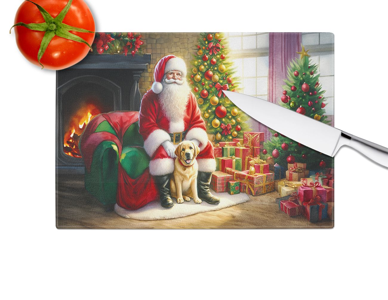Labrador Retriever and Santa Claus Glass Cutting Board Decorative Tempered Glass Kitchen Cutting and Serving Board Large Size Chopping Board