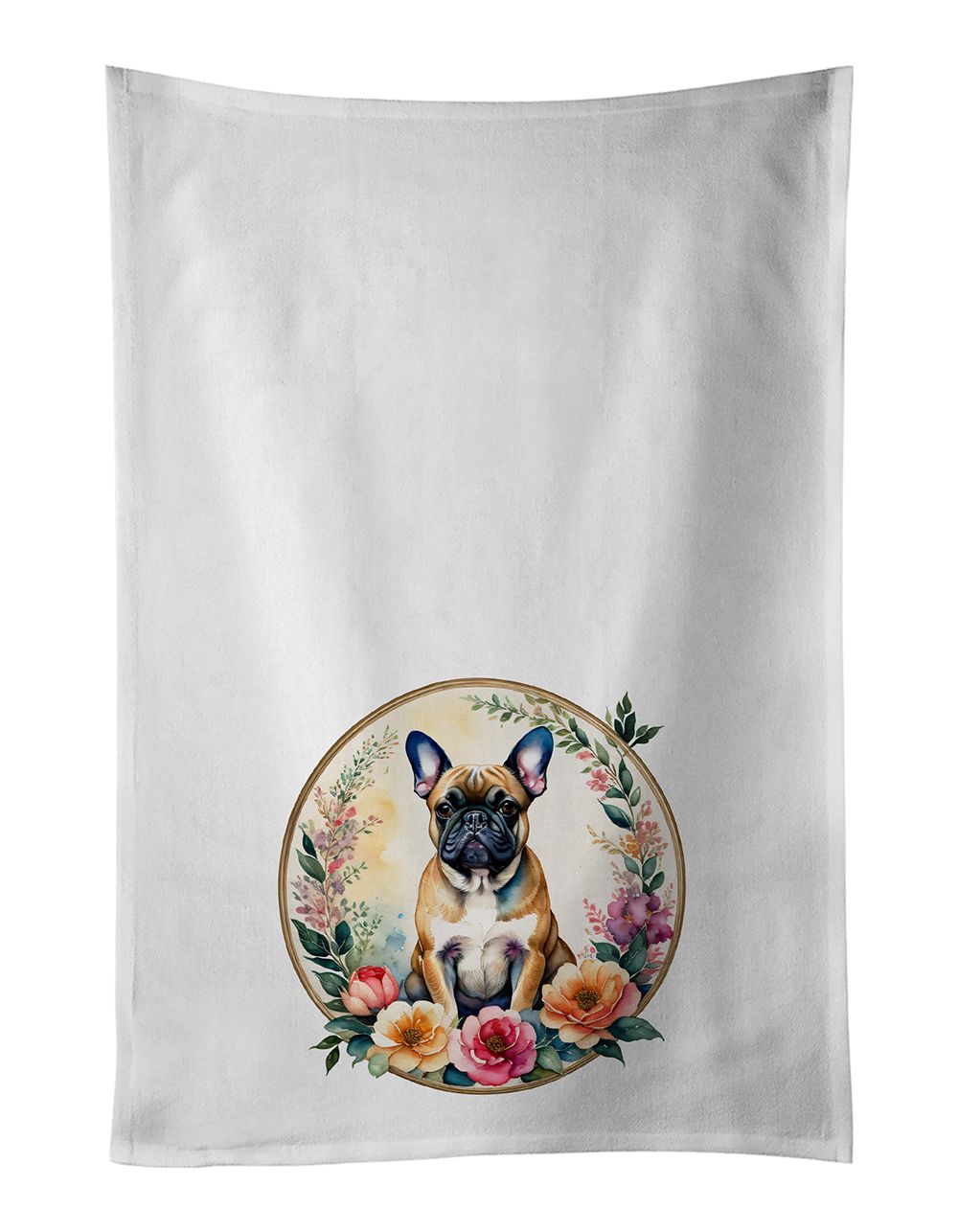 Fawn French Bulldog and Flowers Kitchen Towel Set of 2 White Dish Towels Decorative Bathroom Hand towel for Hand, Face, Hair, Yoga, Tea, Dishcloth, 19 X 28", White