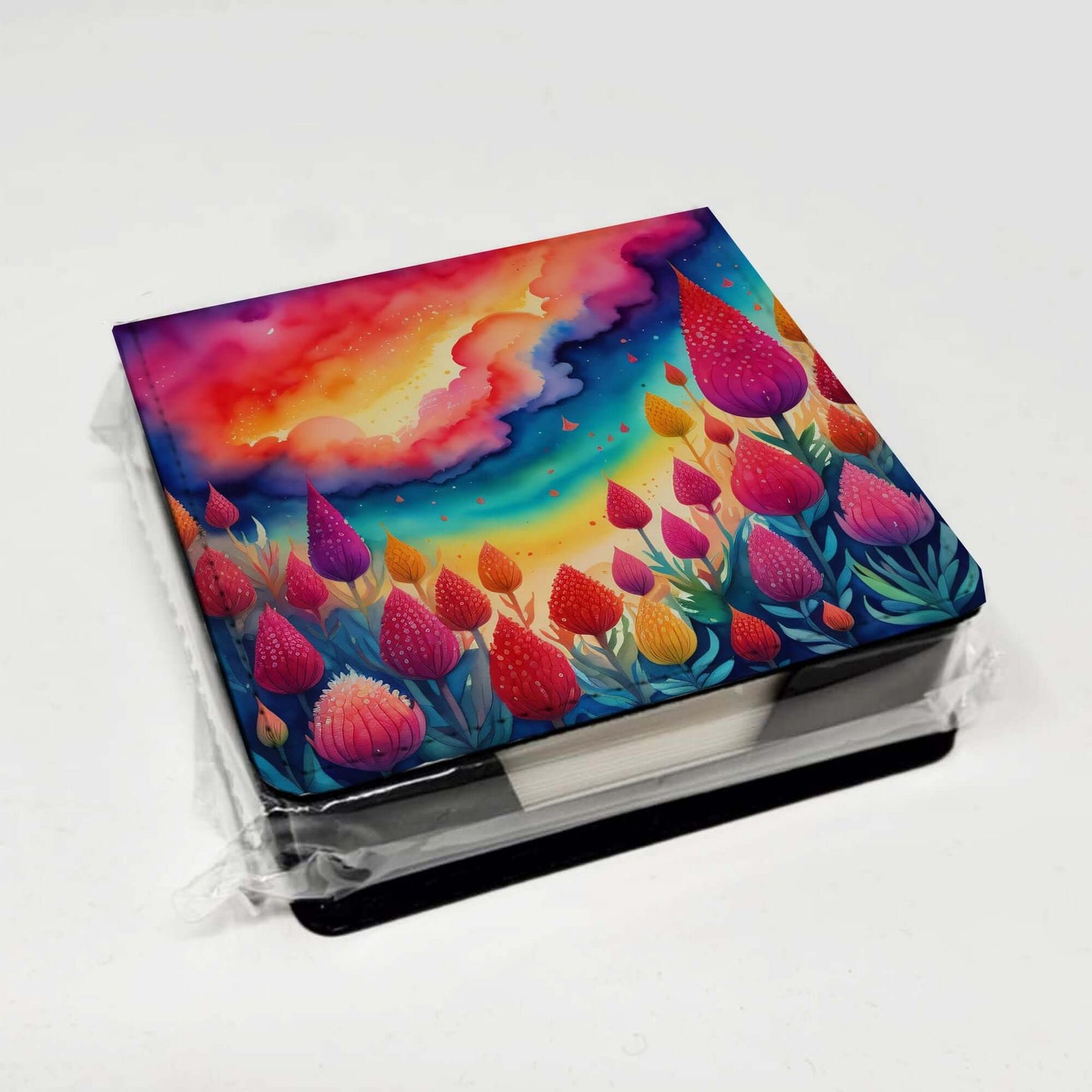 Colorful Celosia PU Leather Note Paper Holder with Artist-Designed Cover, Desk Accessory, Office Gift