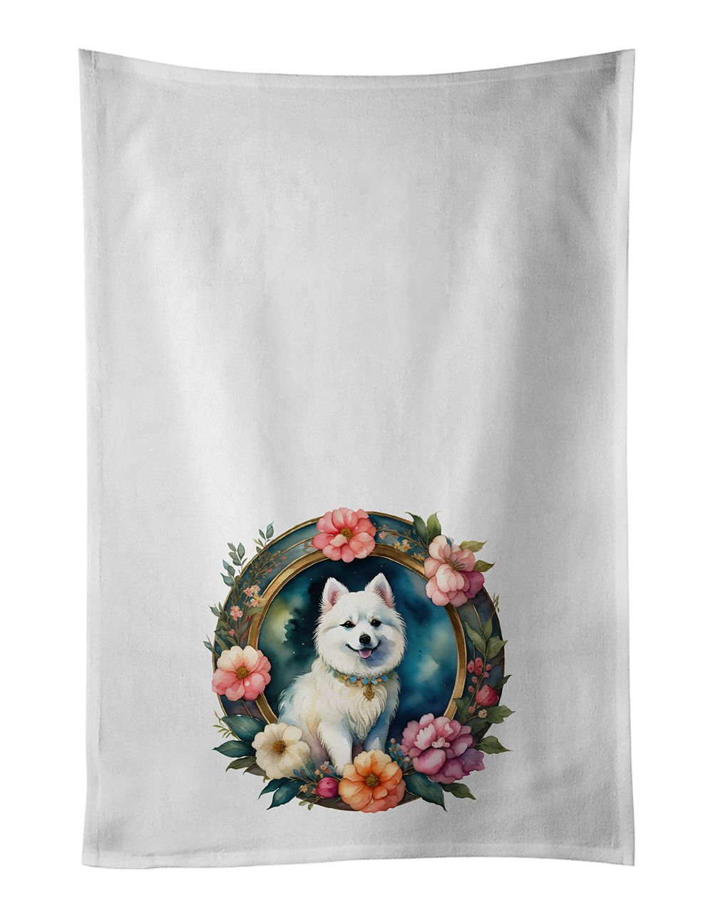 Japanese Spitz and Flowers Kitchen Towel Set of 2 White Dish Towels Decorative Bathroom Hand towel for Hand, Face, Hair, Yoga, Tea, Dishcloth, 19 X 28", White