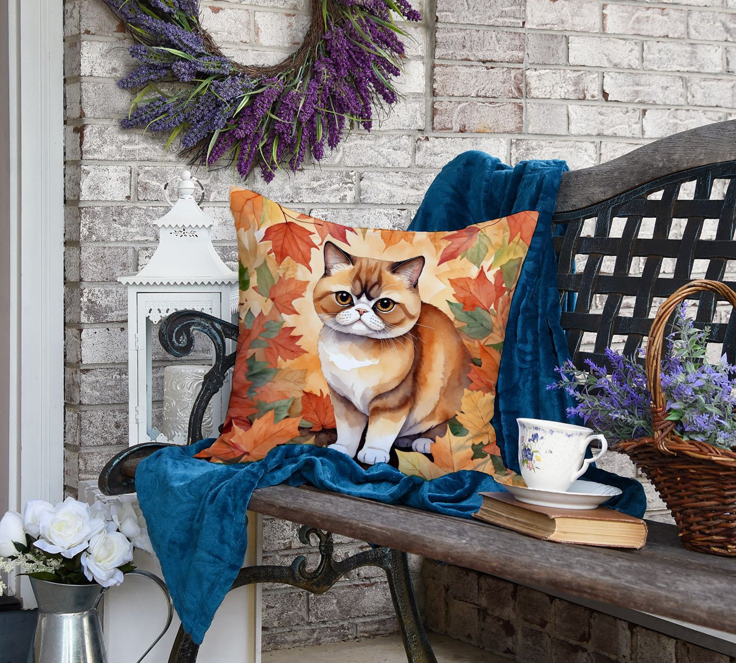 Exotic Shorthair Cat in Fall Leaves Throw Pillow Machine Washable, Indoor Outdoor Decorative Pillow for Couch, Bed or Patio, 18Hx18W