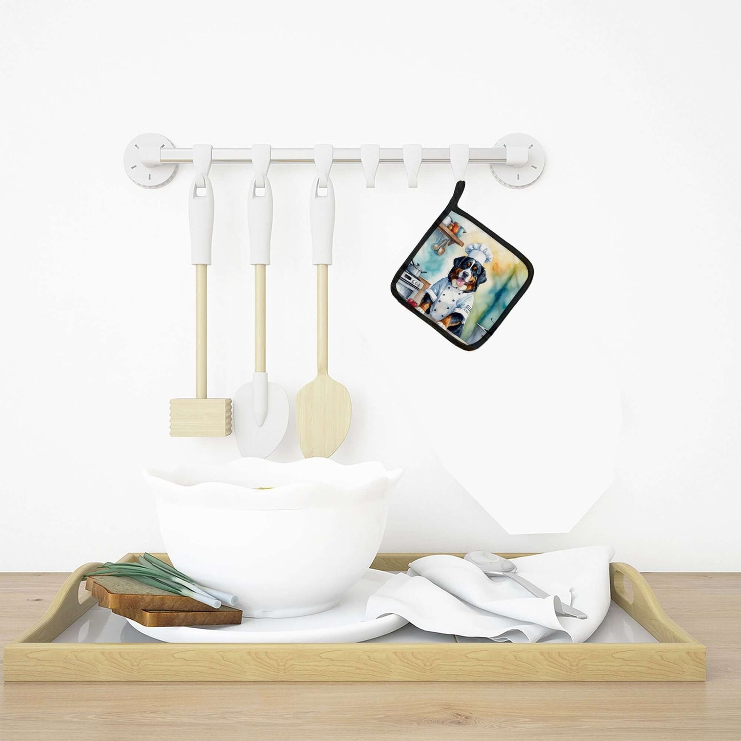 Bernese Mountain Dog The Chef Pair of Pot Holders Kitchen Heat Resistant Pot Holders Sets Oven Hot Pads for Cooking Baking BBQ, 7 1/2 x 7 1/2