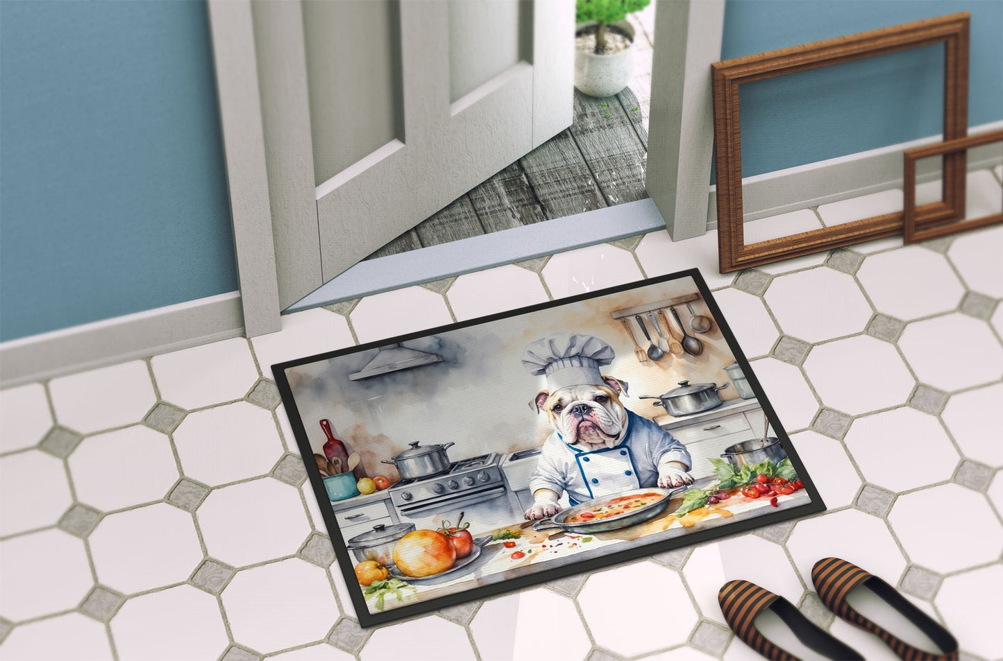 English Bulldog The Chef Doormat Front Door Mat Indoor Outdoor Rugs for Entryway, Non Slip Washable Low Pile, 24H X 36W