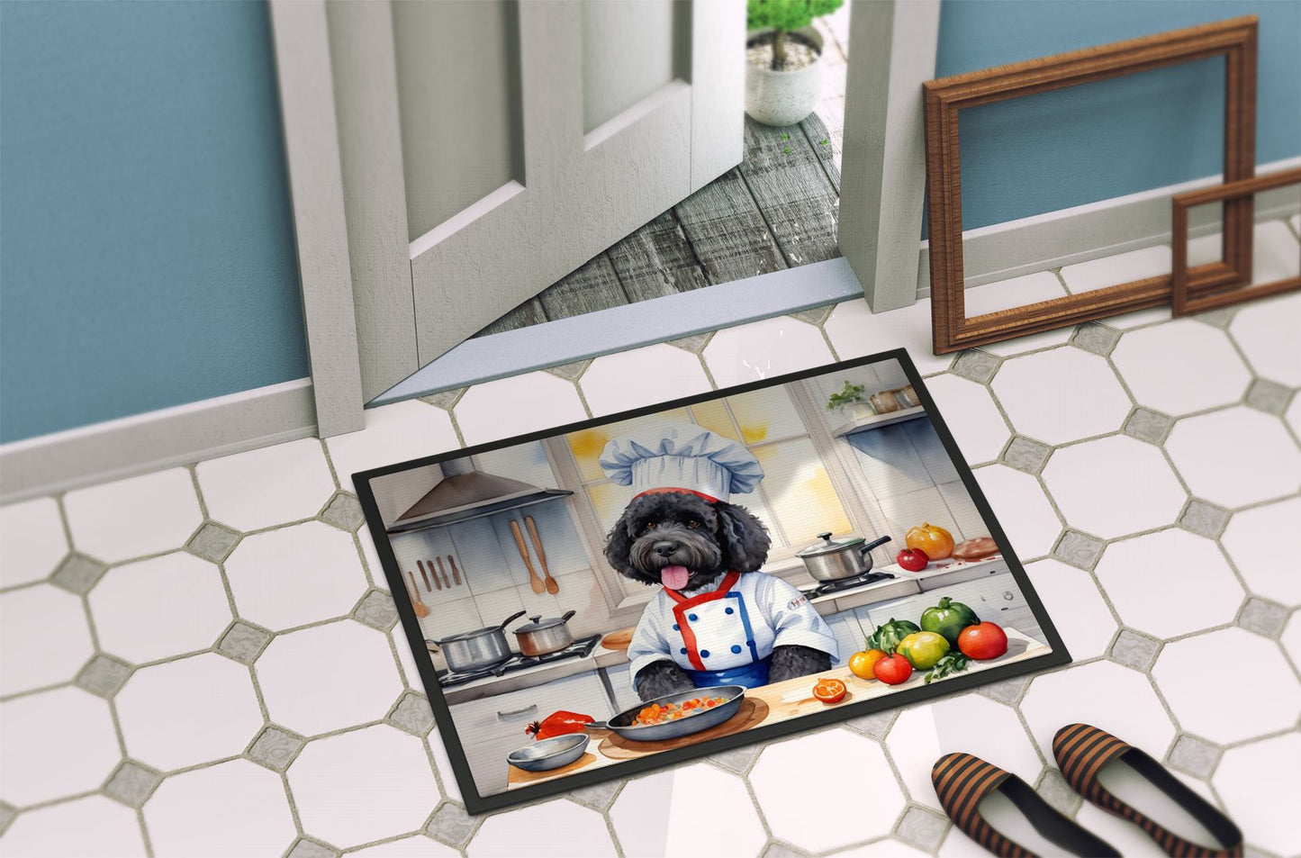 Portuguese Water Dog The Chef Doormat Front Door Mat Indoor Outdoor Rugs for Entryway, Non Slip Washable Low Pile, 24H X 36W