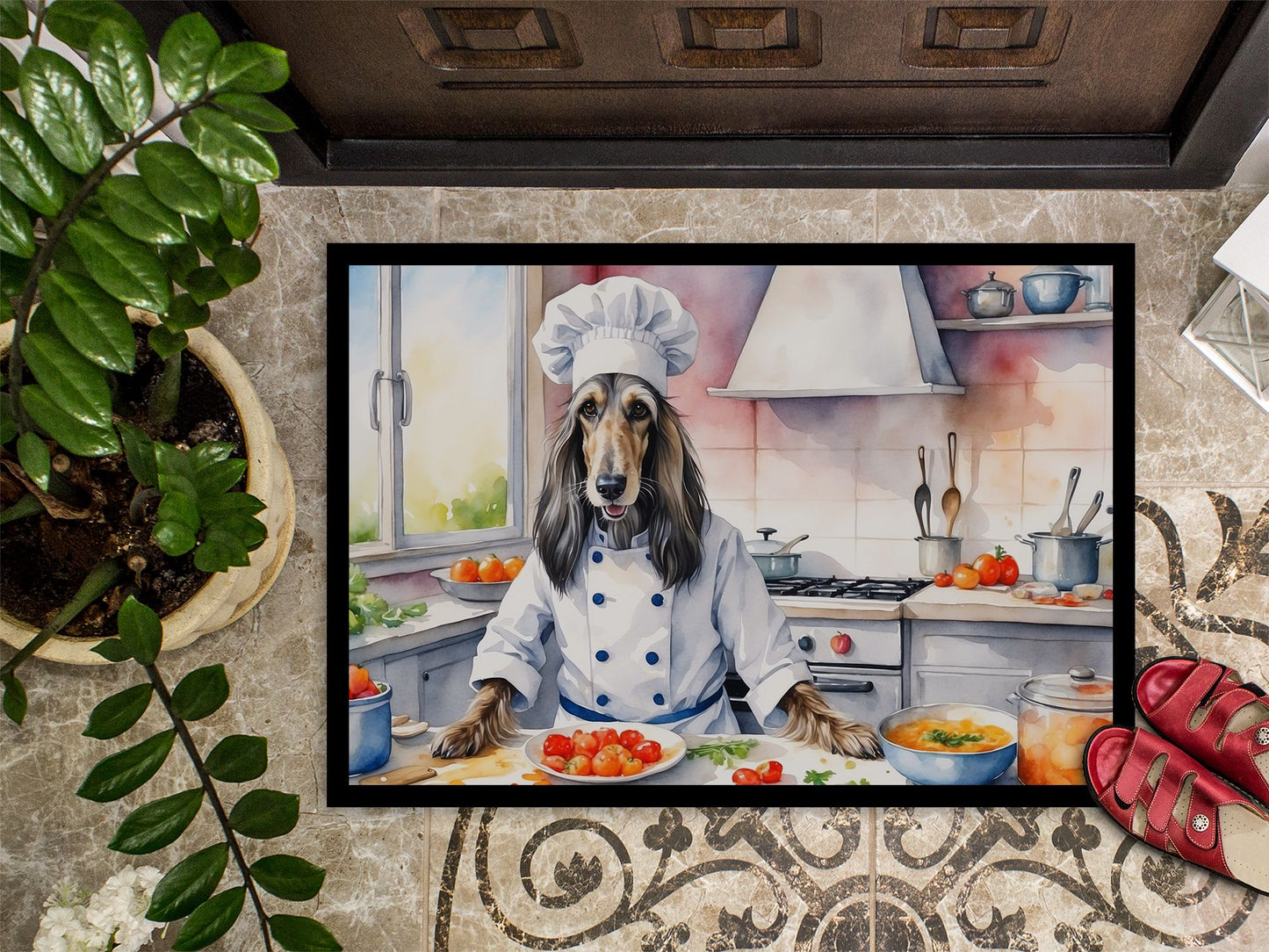 Afghan Hound The Chef Doormat Front Door Mat Indoor Outdoor Rugs for Entryway, Non Slip Washable Low Pile, 24H X 36W