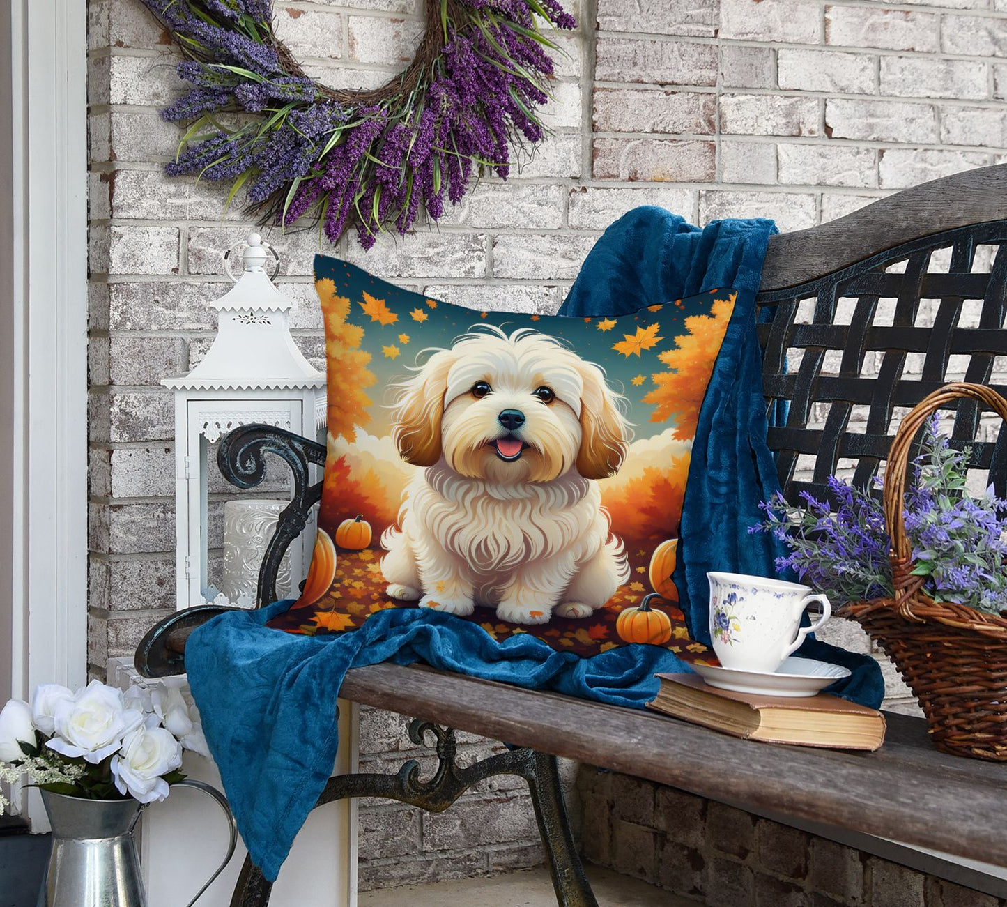 Coton De Tulear Fall Throw Pillow Machine Washable, Indoor Outdoor Decorative Pillow for Couch, Bed or Patio, 18Hx18W