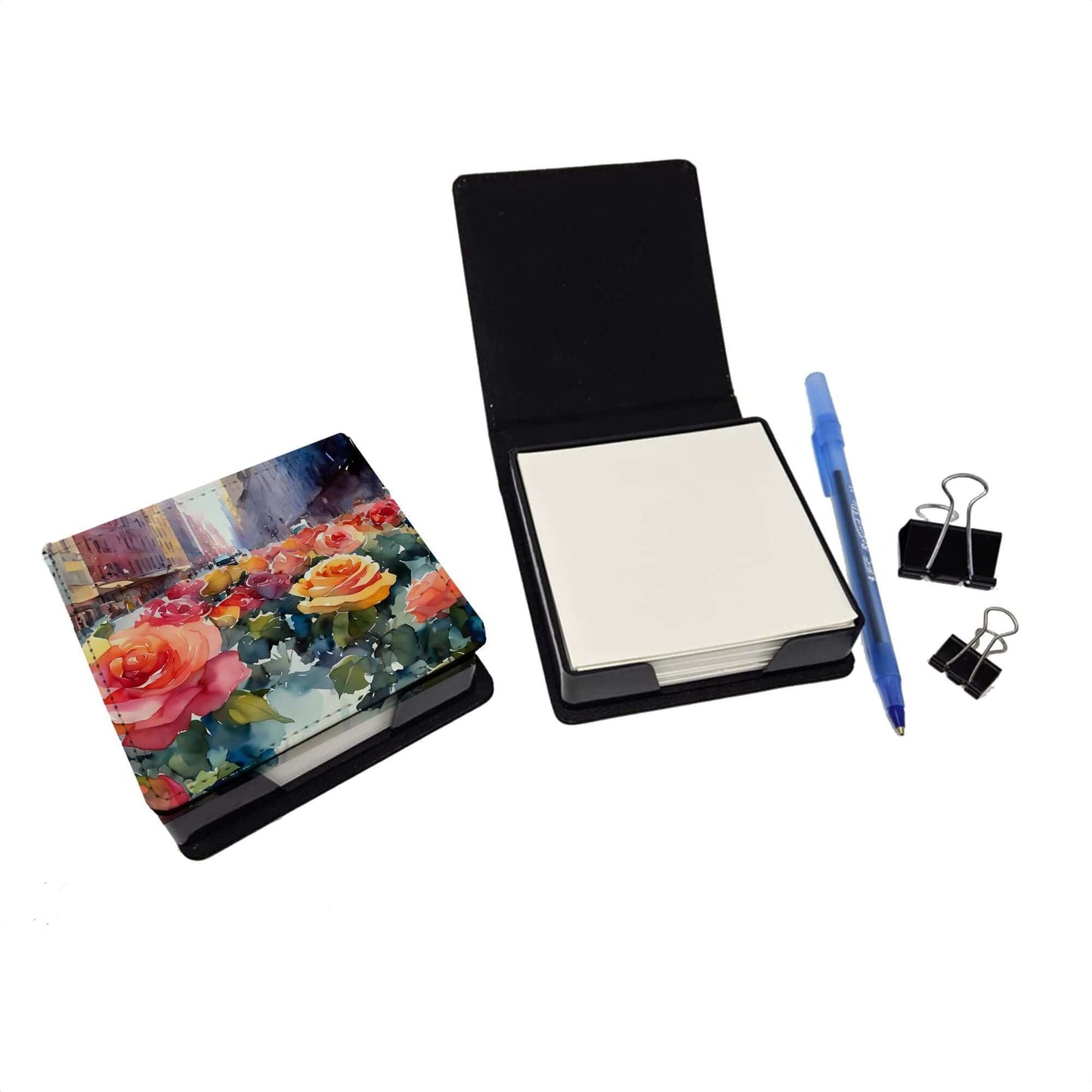 New York Roses in Watercolor PU Leather Note Paper Holder with Artist-Designed Cover, Desk Accessory, Office Gift