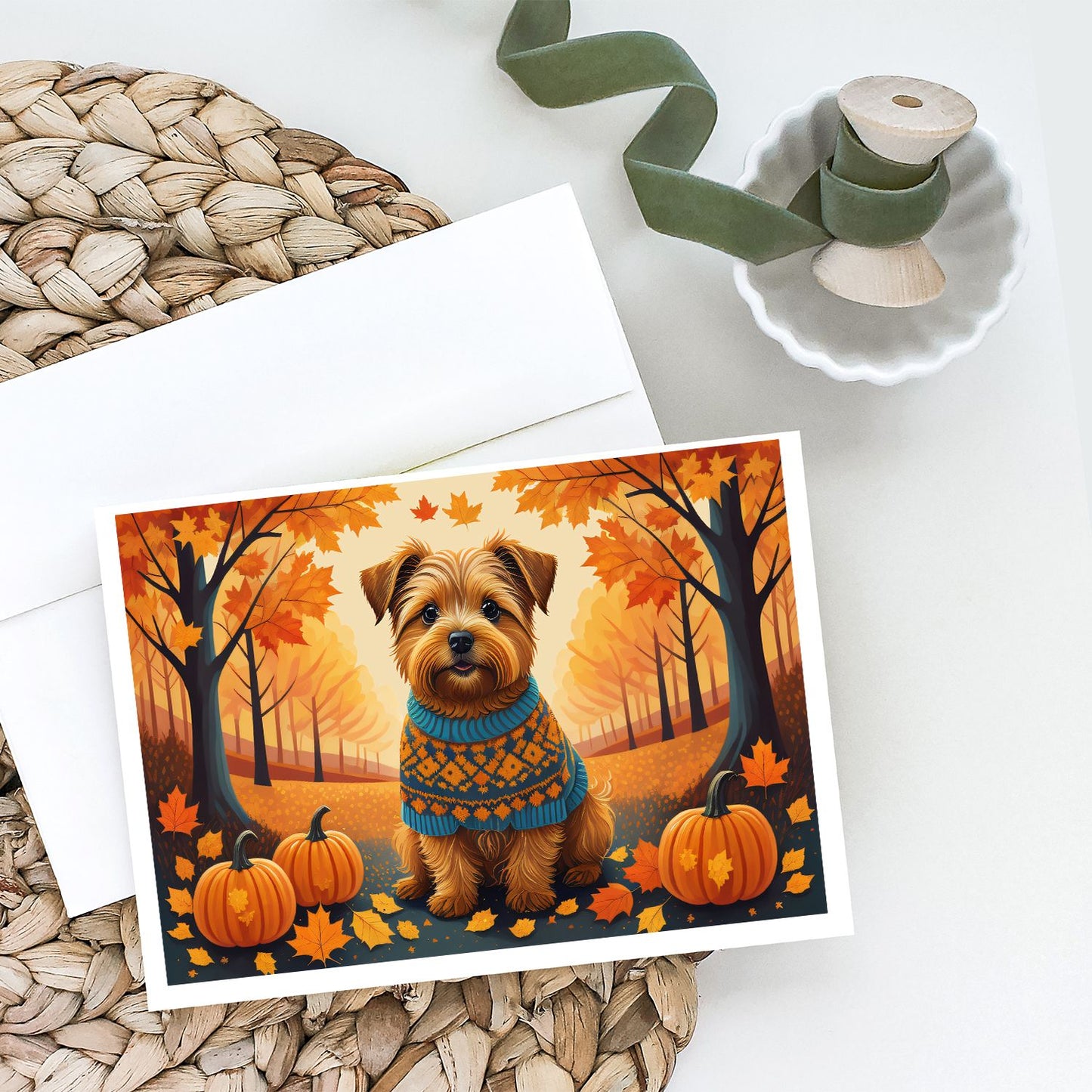 Norfolk Terrier Fall Greeting Cards Pack of 8 Blank Cards with Envelopes Whimsical A7 Size 5x7 Blank Note Cards