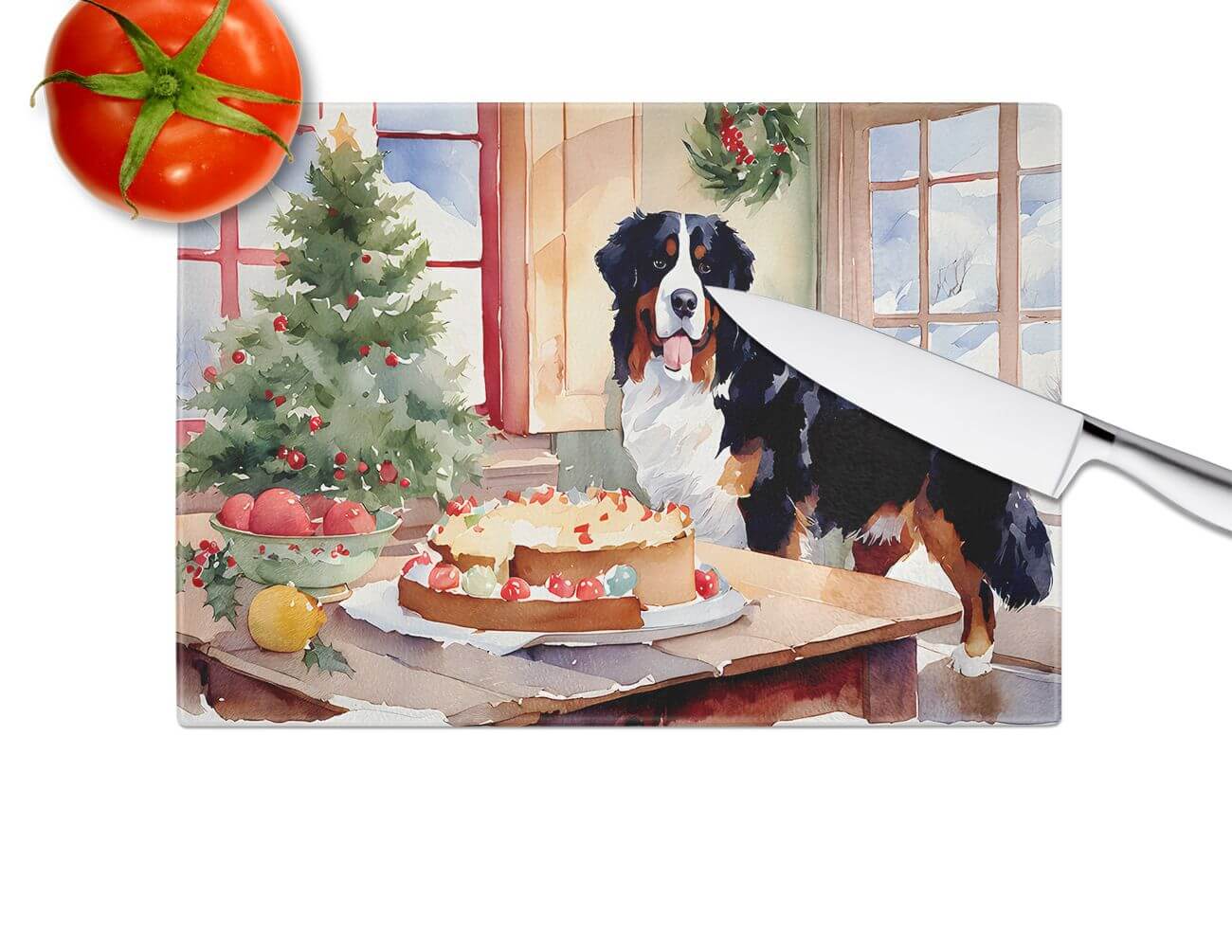 NEW Bernese Mountain Dog Christmas Cookies Glass Cutting Board Decorative Tempered Glass Kitchen Cutting and Serving Board Large Size Chopping Board