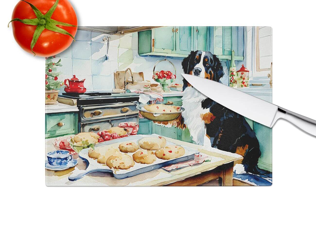NEW Bernese Mountain Dog Christmas Cookies Glass Cutting Board Decorative Tempered Glass Kitchen Cutting and Serving Board Large Size Chopping Board