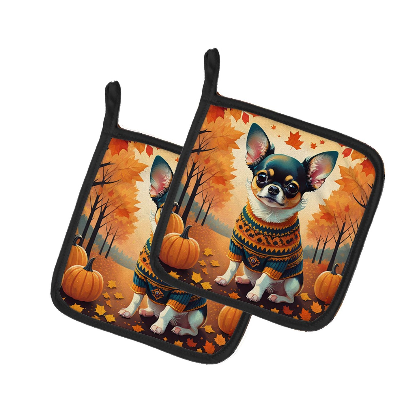 Tricolor Chihuahua Fall Pair of Pot Holders Kitchen Heat Resistant Pot Holders Sets Oven Hot Pads for Cooking Baking BBQ, 7 1/2 x 7 1/2