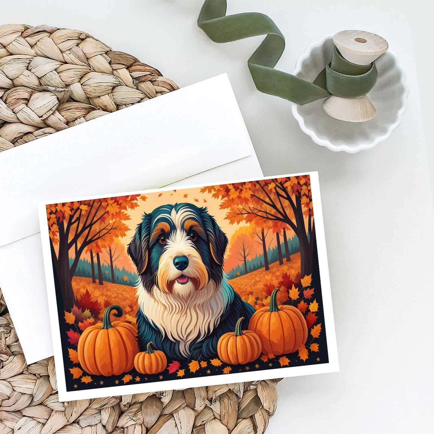 Bearded Collie Fall Greeting Cards Pack of 8 Blank Cards with Envelopes Whimsical A7 Size 5x7 Blank Note Cards