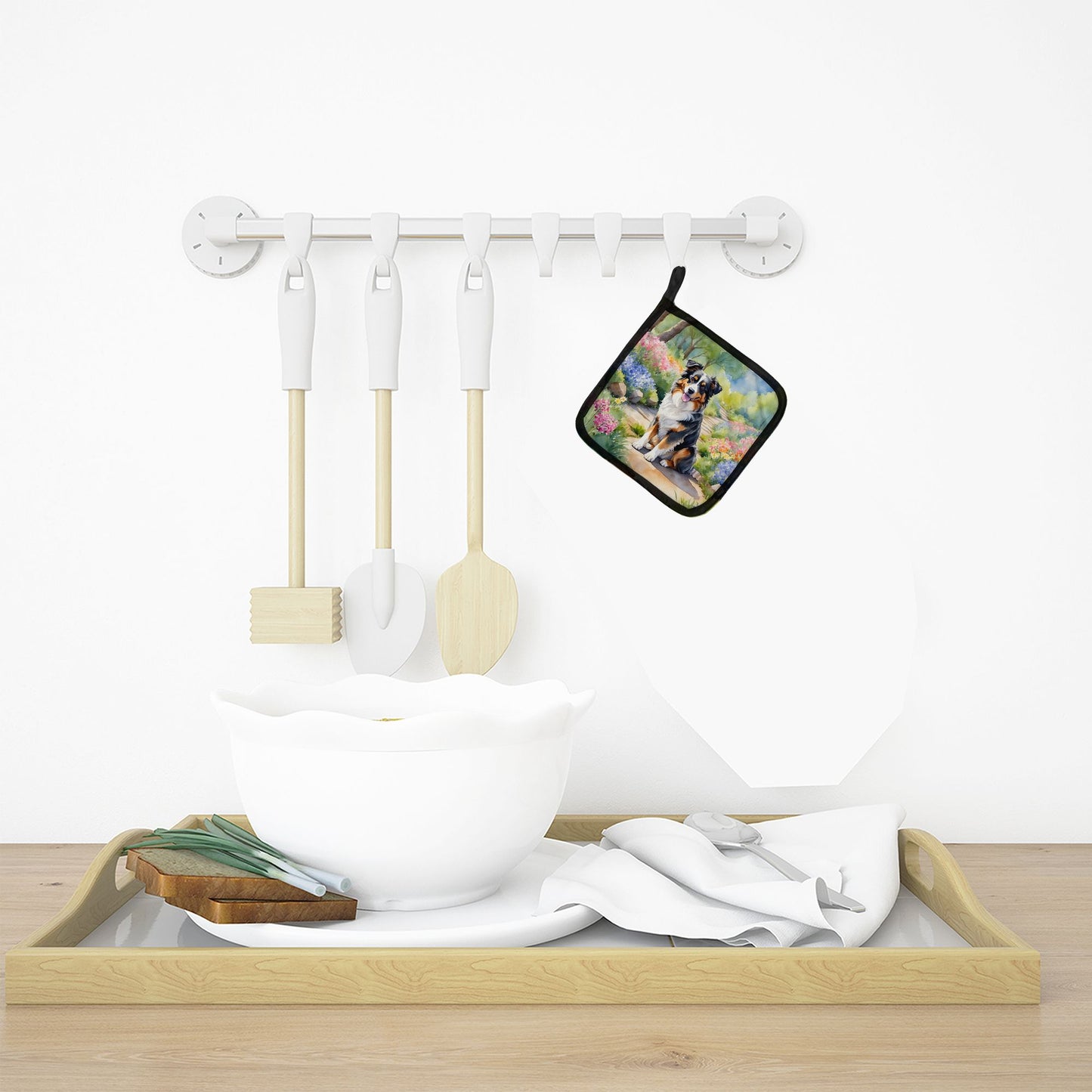 Australian Shepherd Spring Garden Pair of Pot Holders Kitchen Heat Resistant Pot Holders Sets Oven Hot Pads for Cooking Baking BBQ, 7 1/2 x 7 1/2