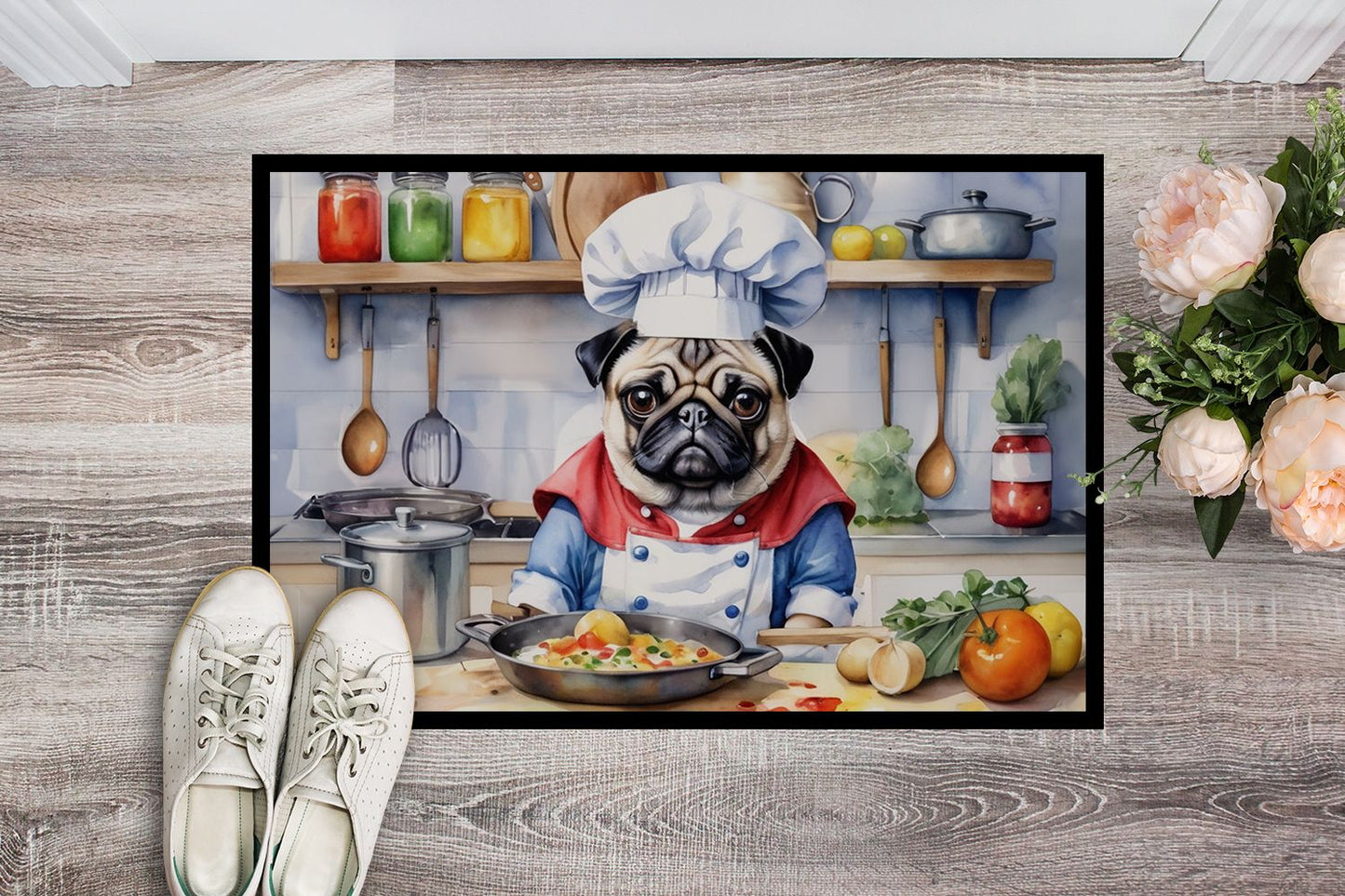 Pug The Chef Doormat Front Door Mat Indoor Outdoor Rugs for Entryway, Non Slip Washable Low Pile, 24H X 36W