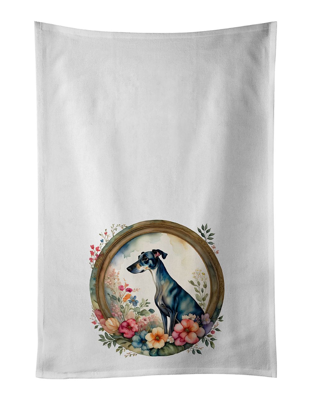 Greyhound and Flowers Kitchen Towel Set of 2 White Dish Towels Decorative Bathroom Hand towel for Hand, Face, Hair, Yoga, Tea, Dishcloth, 19 X 28", White