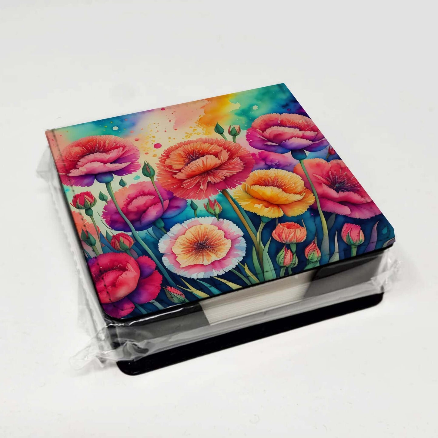 Colorful Carnations PU Leather Note Paper Holder with Artist-Designed Cover, Desk Accessory, Office Gift