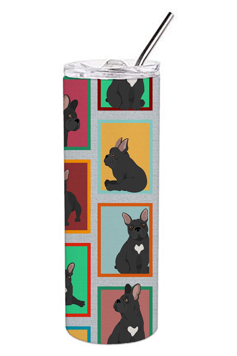 Lots of Black French Bulldog Stainless Steel Skinny Tumbler Vacuum Double Walled Reusable Insulated Tumbler Travel Cup for Coffee Cocktails Gift with Lid, 20 oz