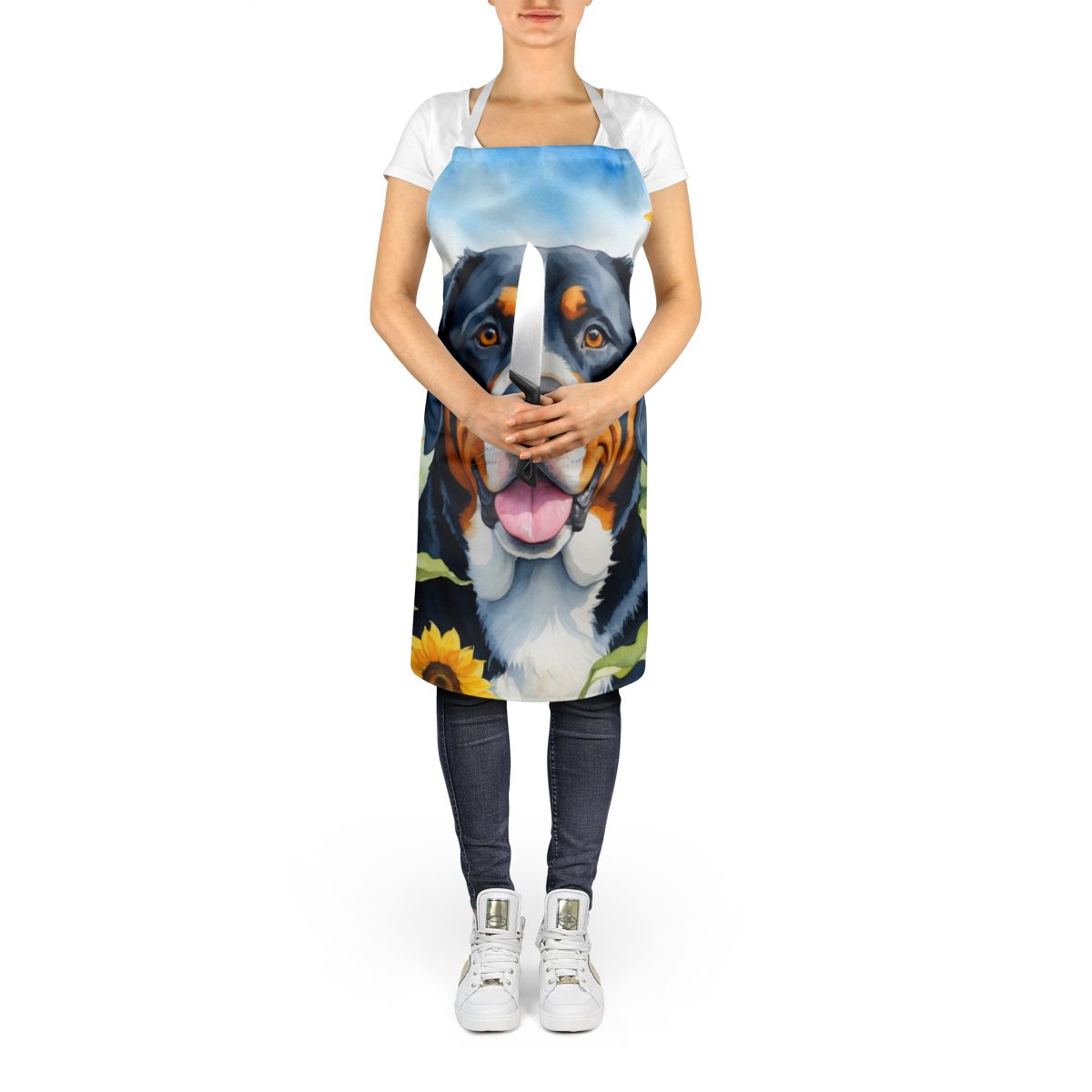 Greater Swiss Mountain Dog in Sunflowers Apron Cooking Kitchen Server Baking Crafts Gardening for Adult Women Men, Unisex, Large, Multicolor