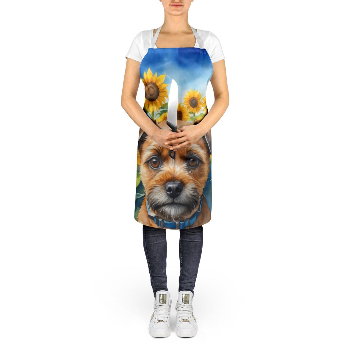 Border Terrier in Sunflowers Apron Cooking Kitchen Server Baking Crafts Gardening for Adult Women Men, Unisex, Large, Multicolor