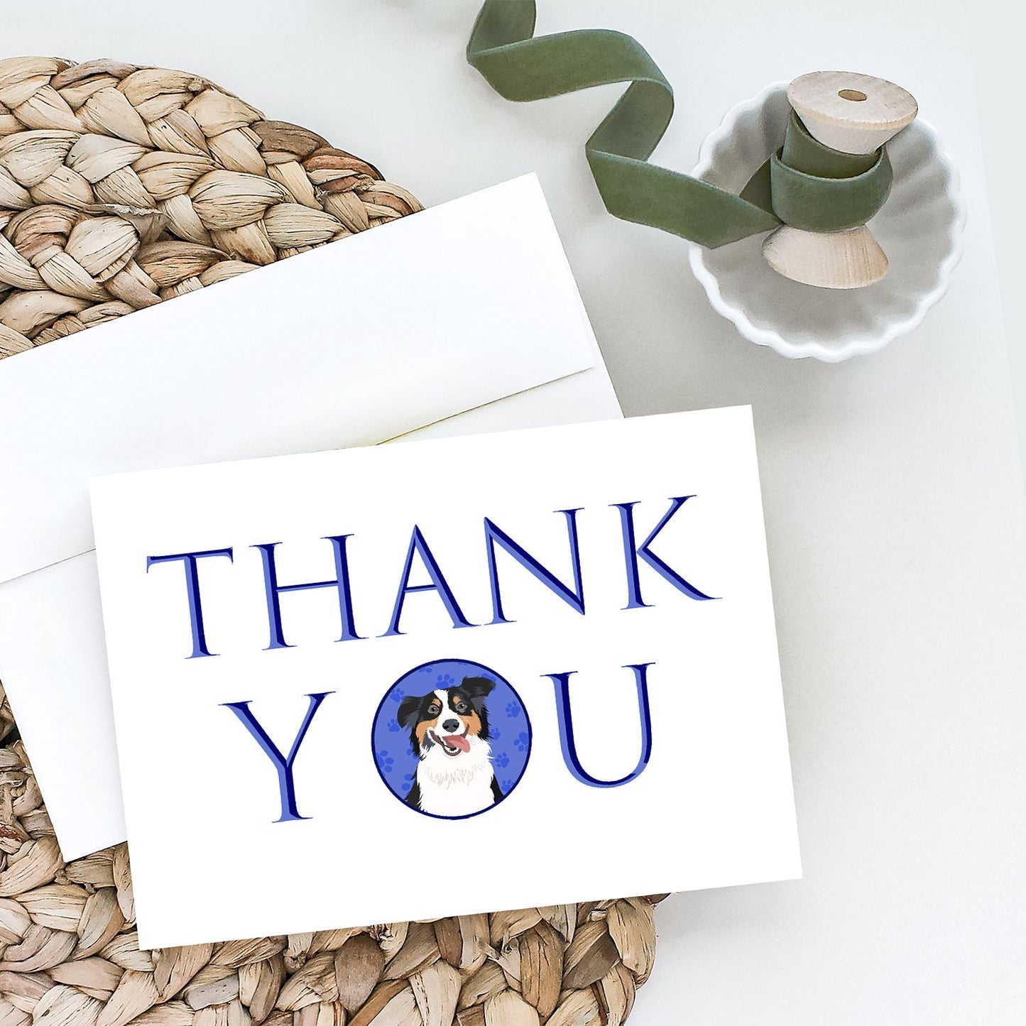 Australian Shepherd Black Tricolor #2 Thank You Greeting Cards Pack of 8 Blank Cards with Envelopes Whimsical A7 Size 5x7 Blank Note Cards