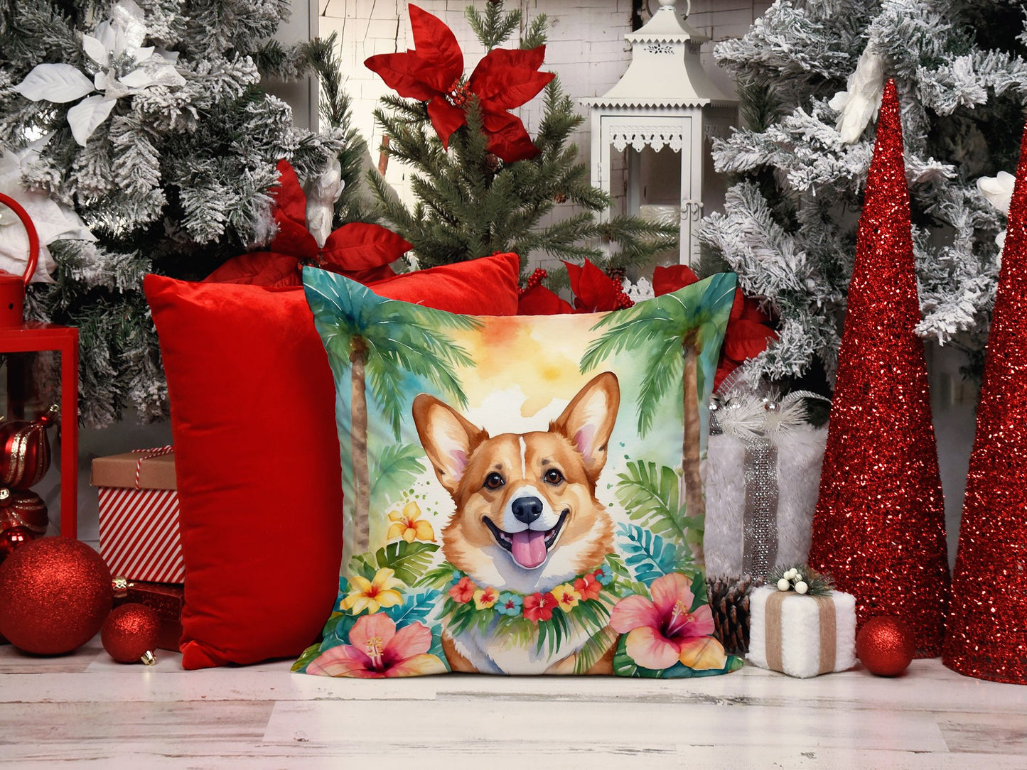Corgi Luau Throw Pillow Machine Washable, Indoor Outdoor Decorative Pillow for Couch, Bed or Patio, 14Hx14W