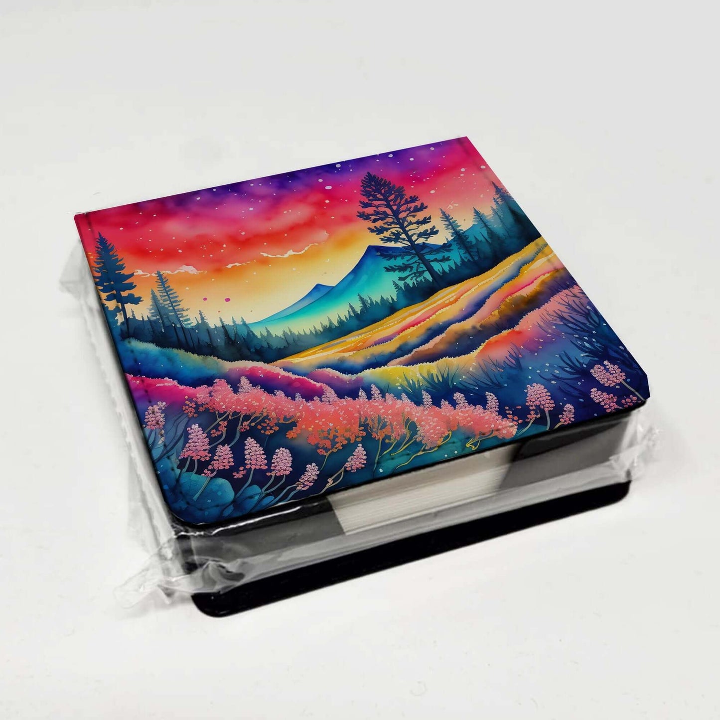 Colorful Yarrow PU Leather Note Paper Holder with Artist-Designed Cover, Desk Accessory, Office Gift