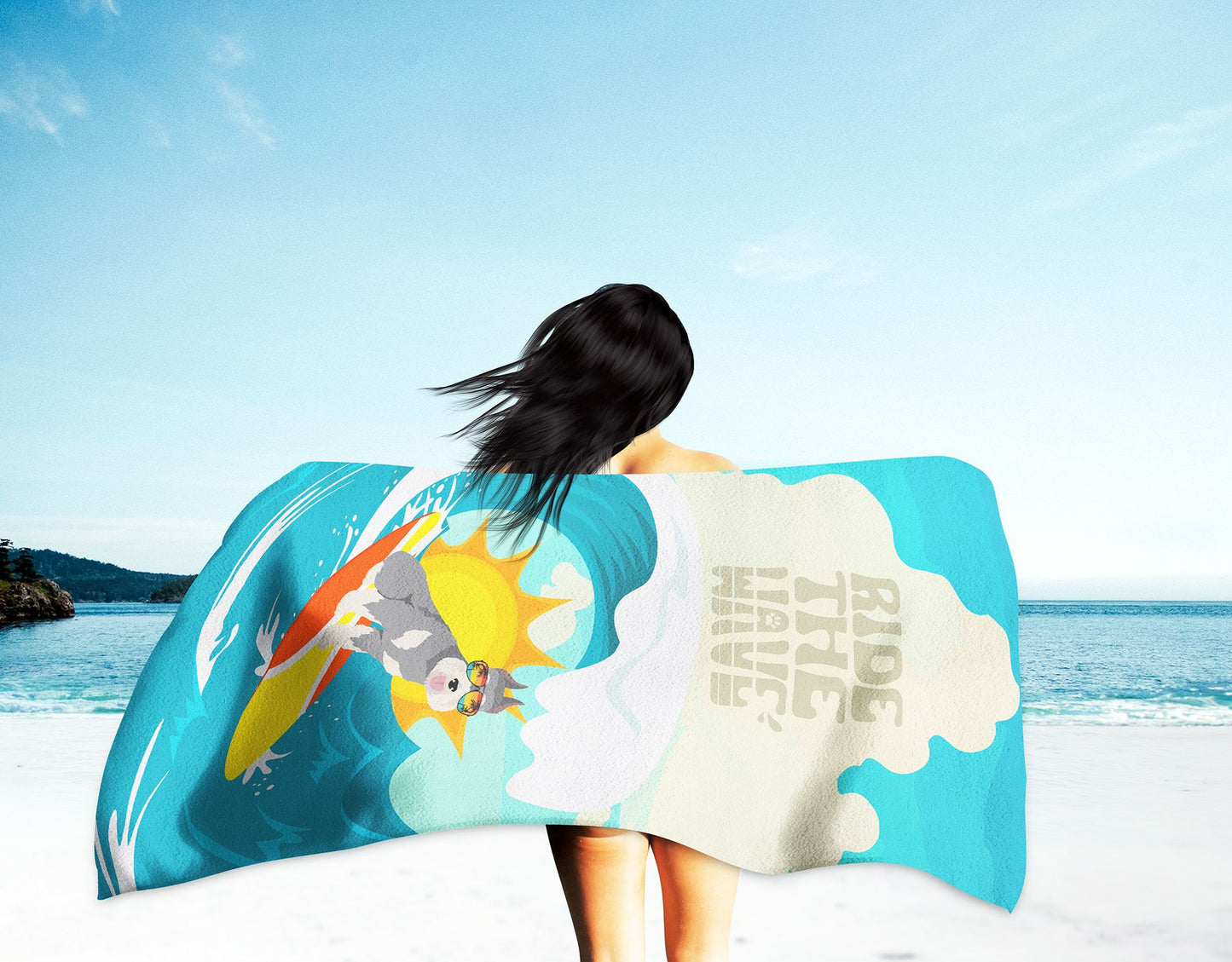 Surfer Dog Schnauzer Premium Beach Towel Oversized Towel Beach Blanket, Pool, Beach Essentials, Yoga, Premium Bath Towel, Quick Dry Plush