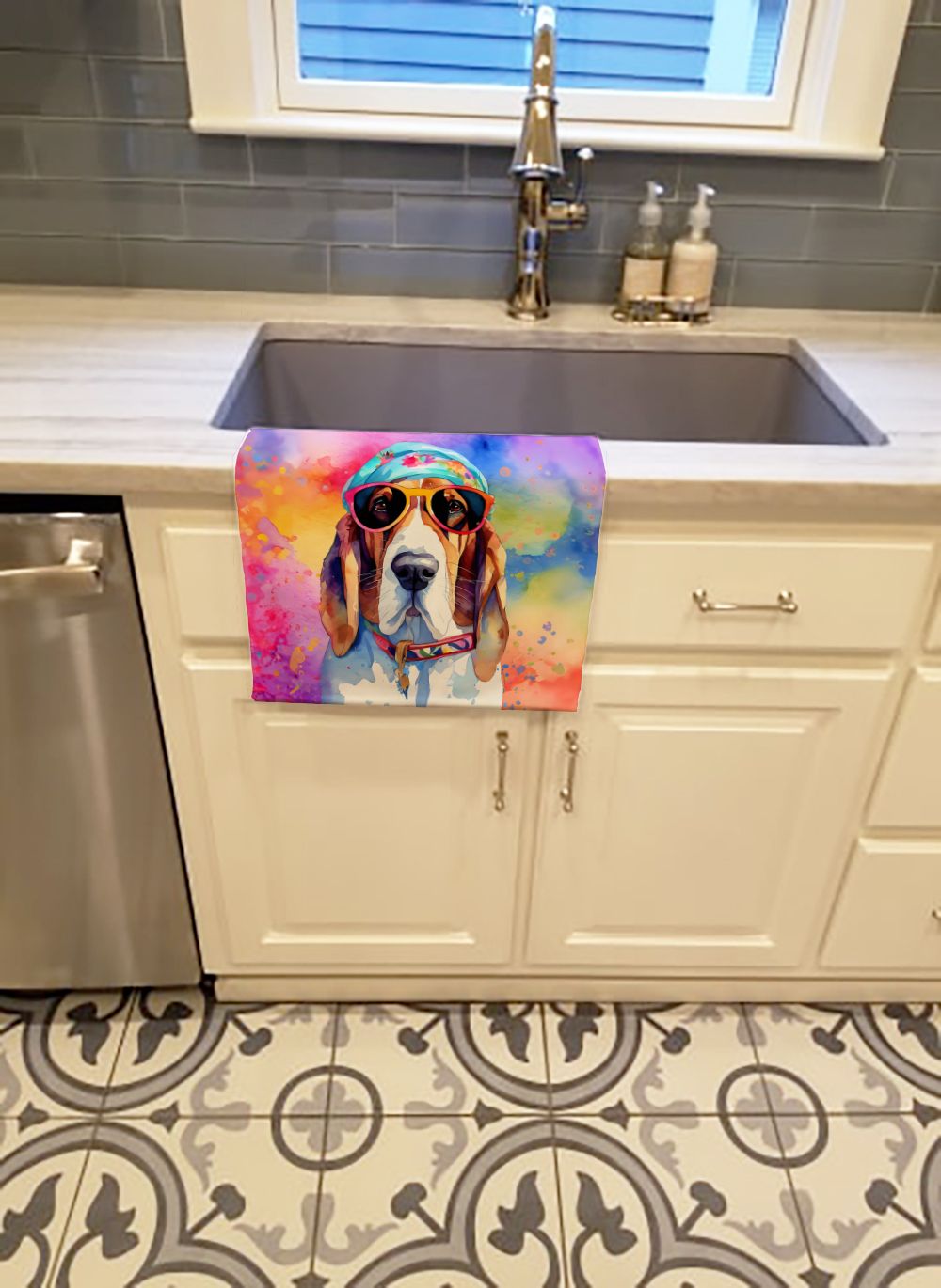 Basset Hound Hippie Dawg Kitchen Towel Dish Cloths Guest Hand Towel Decorative Bathroom Towel for Face,Tea, Dishcloth, Kitchen and Bath