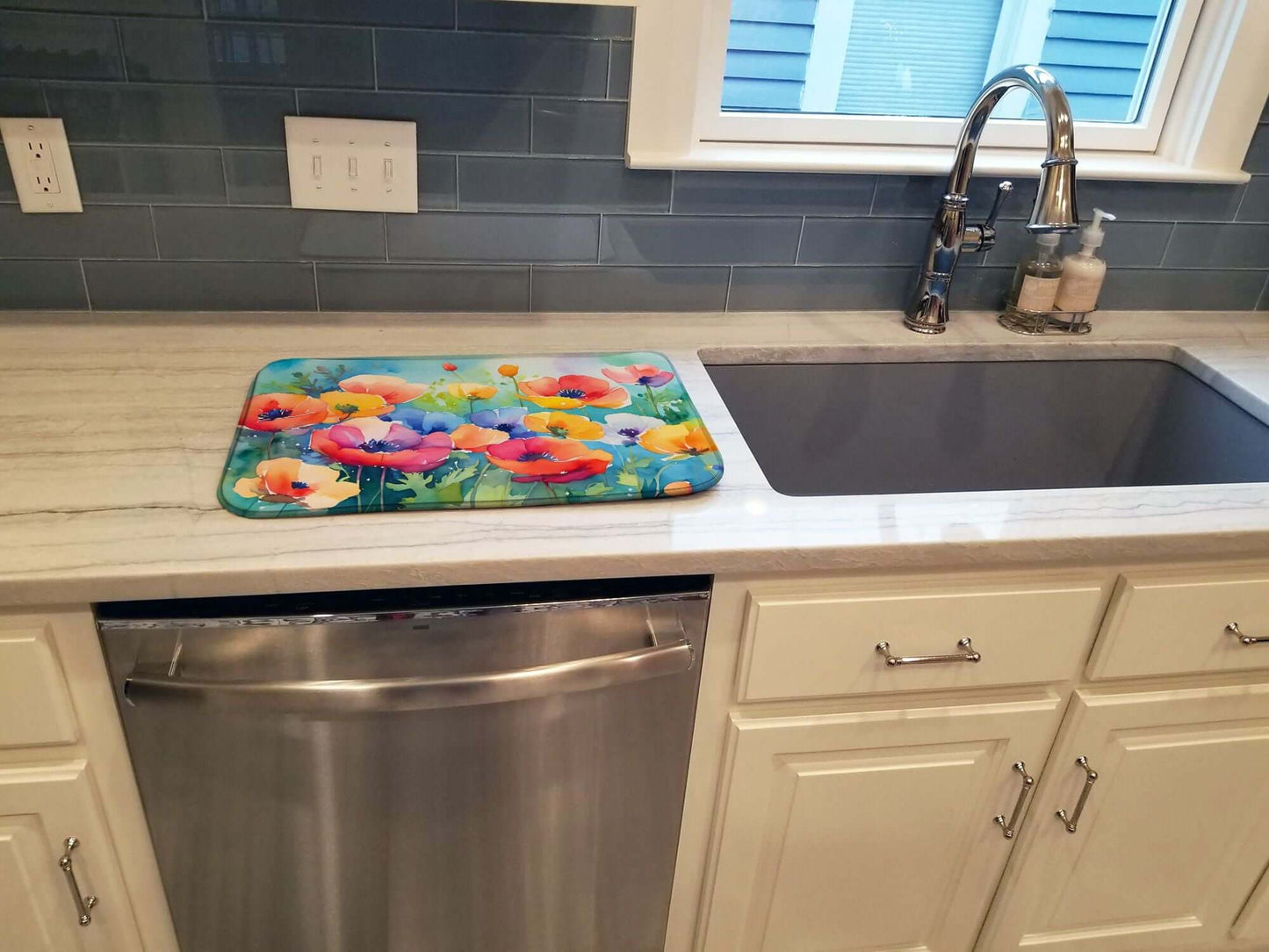 Anemones in Watercolor Dish Drying Mat Absorbent Dish Drying Mat Pad for Kitchen Counter Dish Drainer Mat for Countertop, 14 x 21", Multicolor