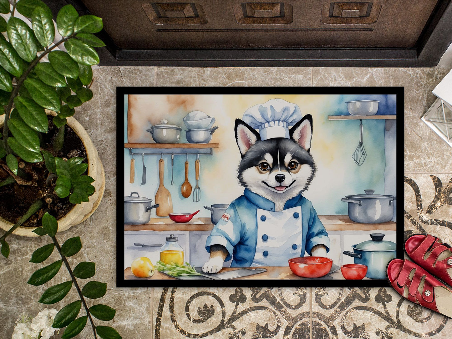 Alaskan Klee Kai The Chef Doormat Front Door Mat Indoor Outdoor Rugs for Entryway, Non Slip Washable Low Pile, 24H X 36W