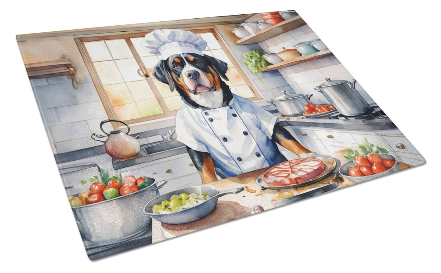 Greater Swiss Mountain Dog The Chef Glass Cutting Board Decorative Tempered Glass Kitchen Cutting and Serving Board Large Size Chopping Board