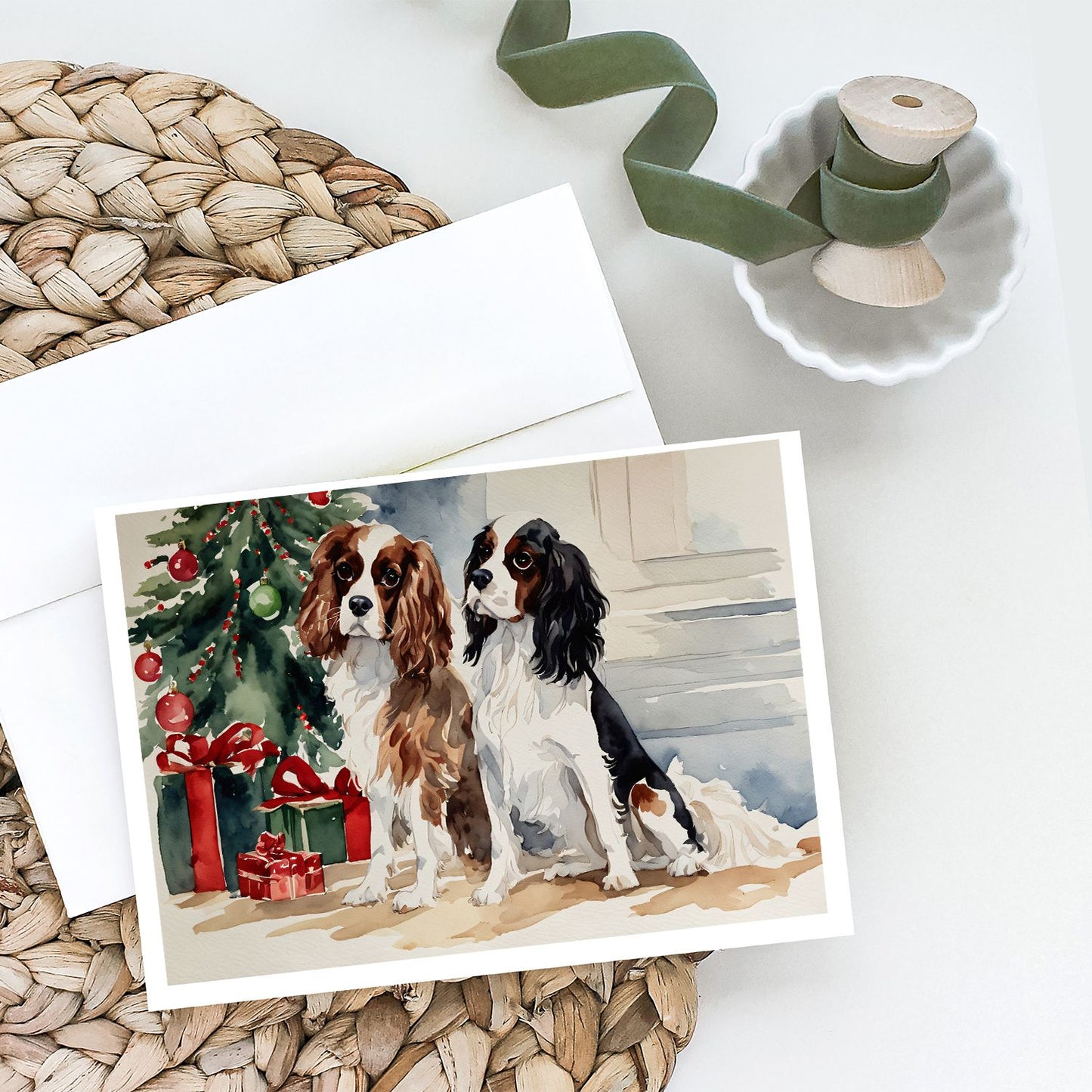 Cavalier Spaniel Christmas Greeting Cards Pack of 8 Blank Cards with Envelopes Whimsical A7 Size 5x7 Blank Note Cards
