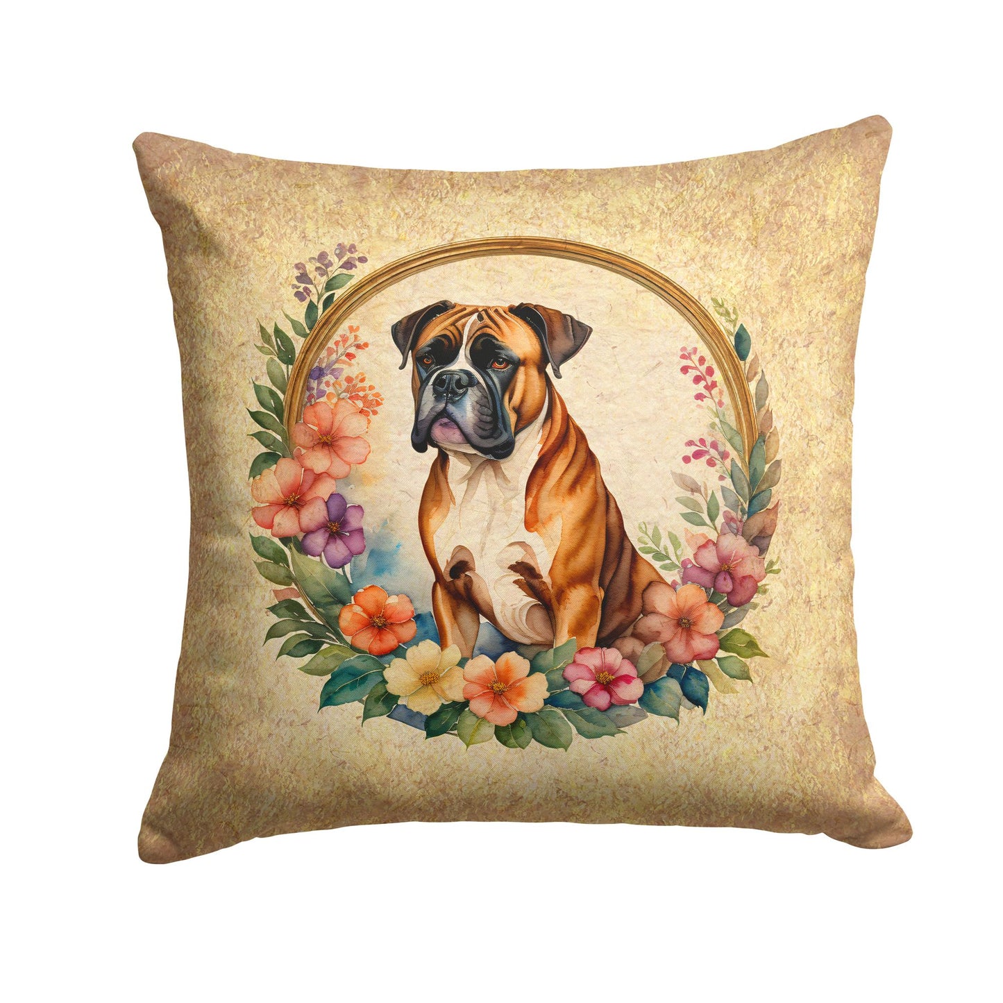 Boxer and Flowers Throw Pillow Machine Washable, Indoor Outdoor Decorative Pillow for Couch, Bed or Patio, 14Hx14W