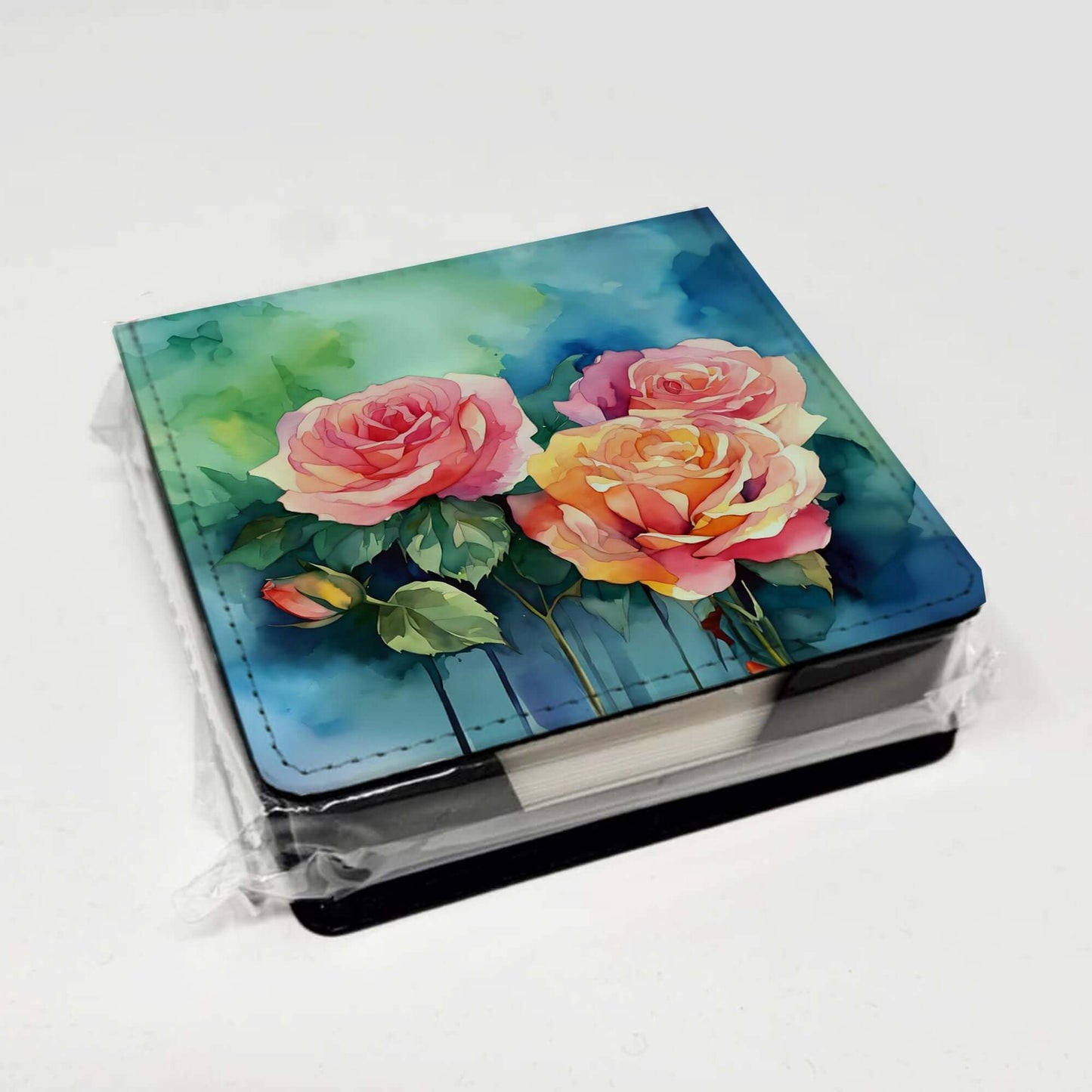 New York Roses in Watercolor PU Leather Note Paper Holder with Artist-Designed Cover, Desk Accessory, Office Gift