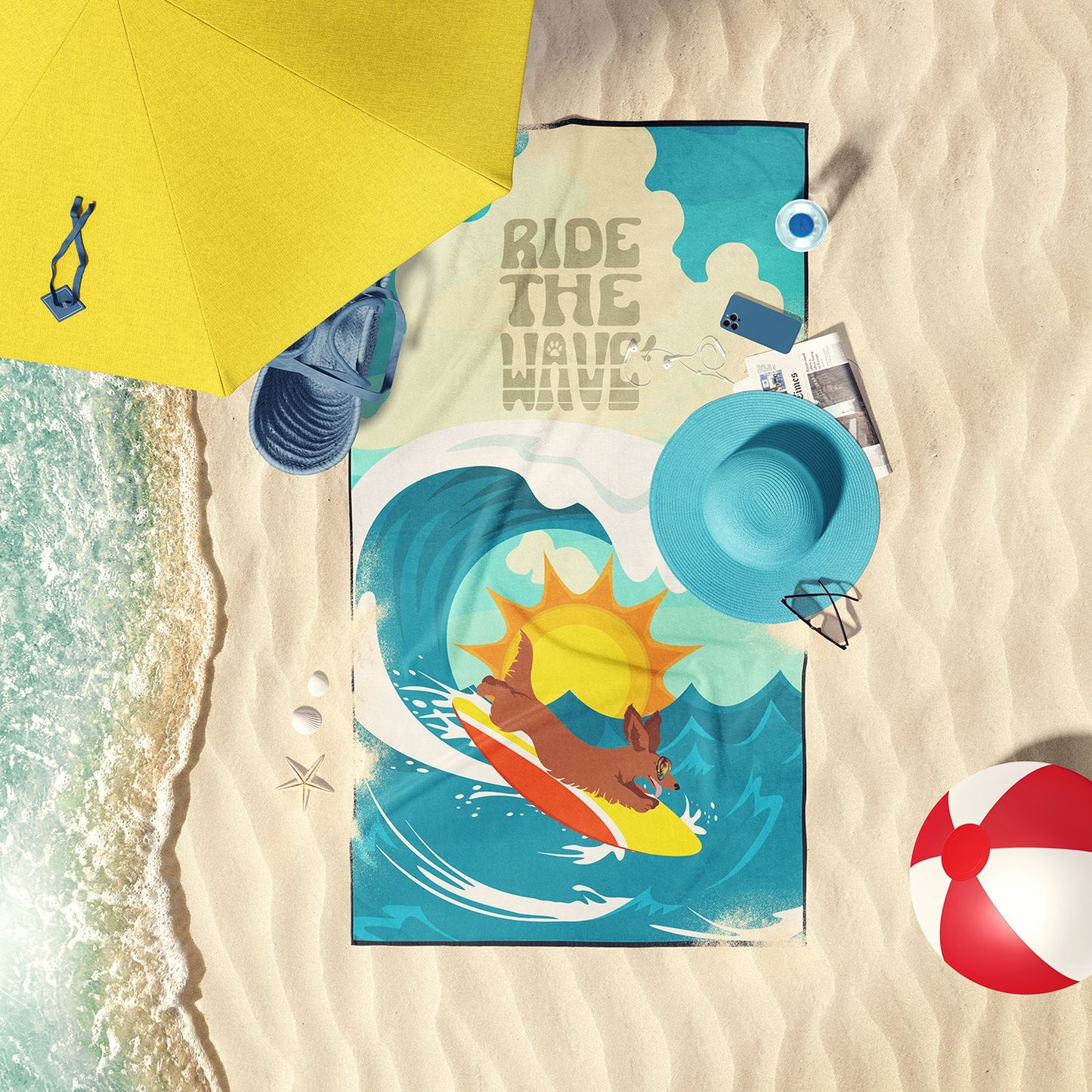 Surfer Dog Longhair Red Dachshund Premium Beach Towel Oversized Towel Beach Blanket, Pool, Beach Essentials, Yoga, Premium Bath Towel, Quick Dry Plush