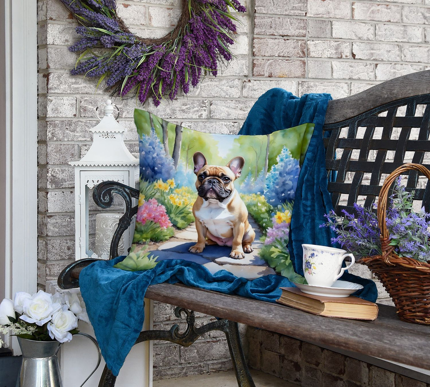 French Bulldog Spring Path Throw Pillow Machine Washable, Indoor Outdoor Decorative Pillow for Couch, Bed or Patio, 18Hx18W