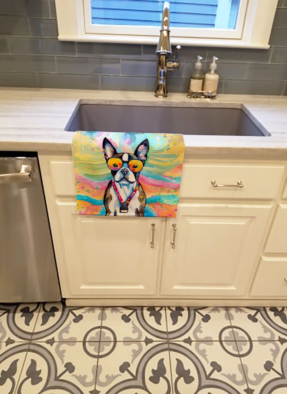 Boston Terrier Hippie Dawg Kitchen Towel Dish Cloths Guest Hand Towel Decorative Bathroom Towel for Face,Tea, Dishcloth, Kitchen and Bath