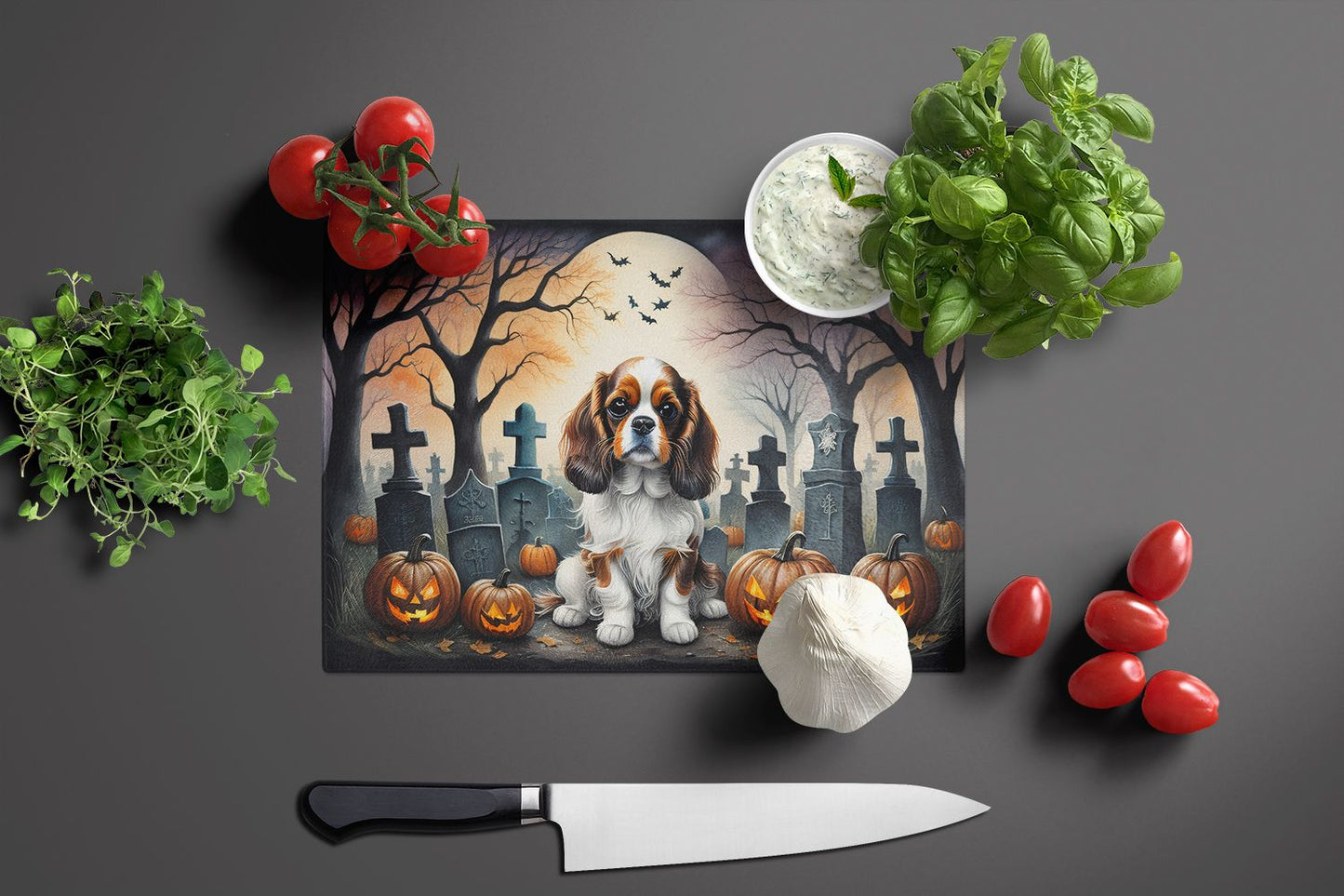 NEW Cavalier Spaniel Spooky Halloween Glass Cutting Board Decorative Tempered Glass Kitchen Cutting and Serving Board Large Size Chopping Board