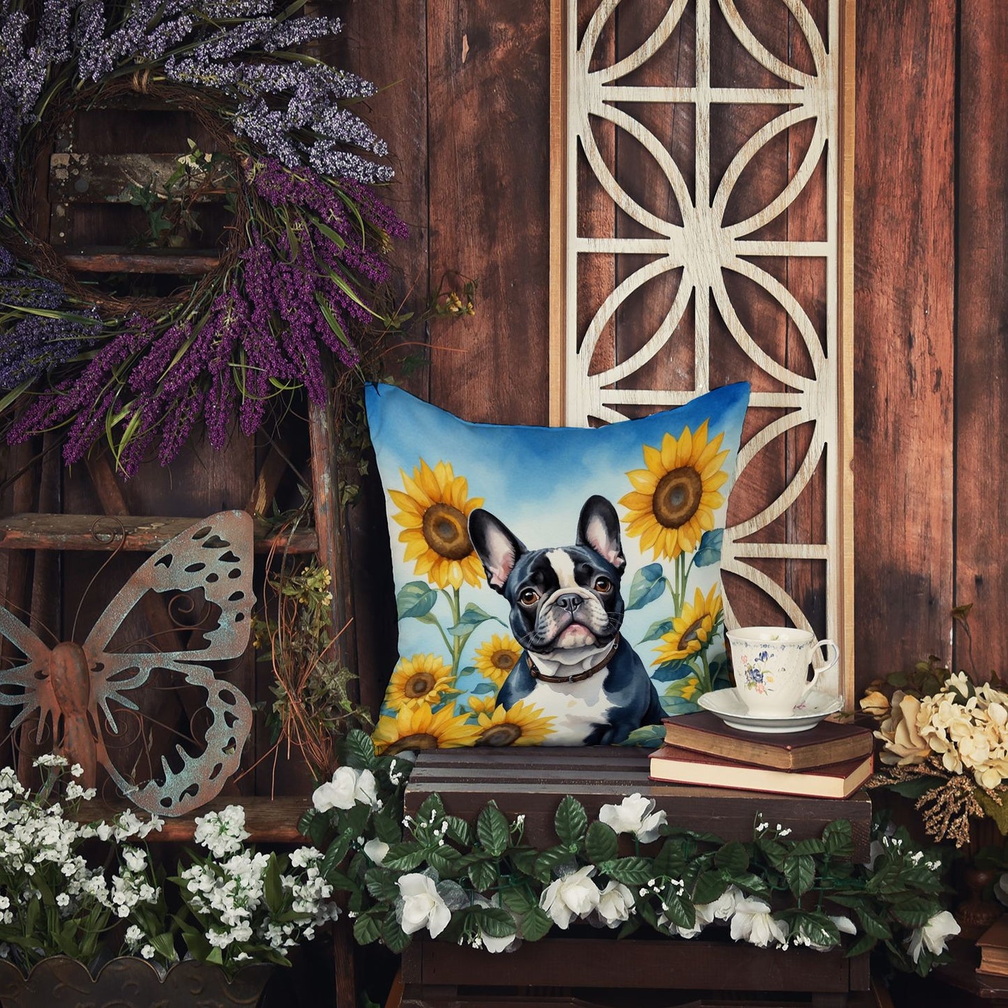 French Bulldog in Sunflowers Throw Pillow Machine Washable, Indoor Outdoor Decorative Pillow for Couch, Bed or Patio, 14Hx14W