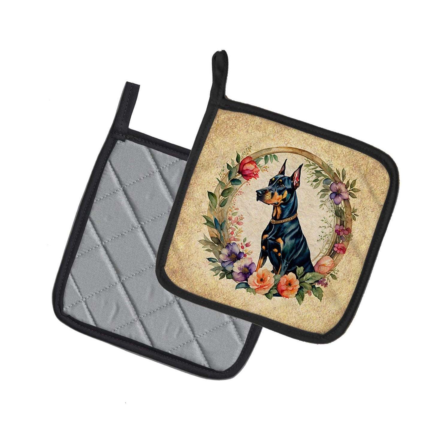Doberman Pinscher and Flowers Pair of Pot Holders Kitchen Heat Resistant Pot Holders Sets Oven Hot Pads for Cooking Baking BBQ, 7 1/2 x 7 1/2