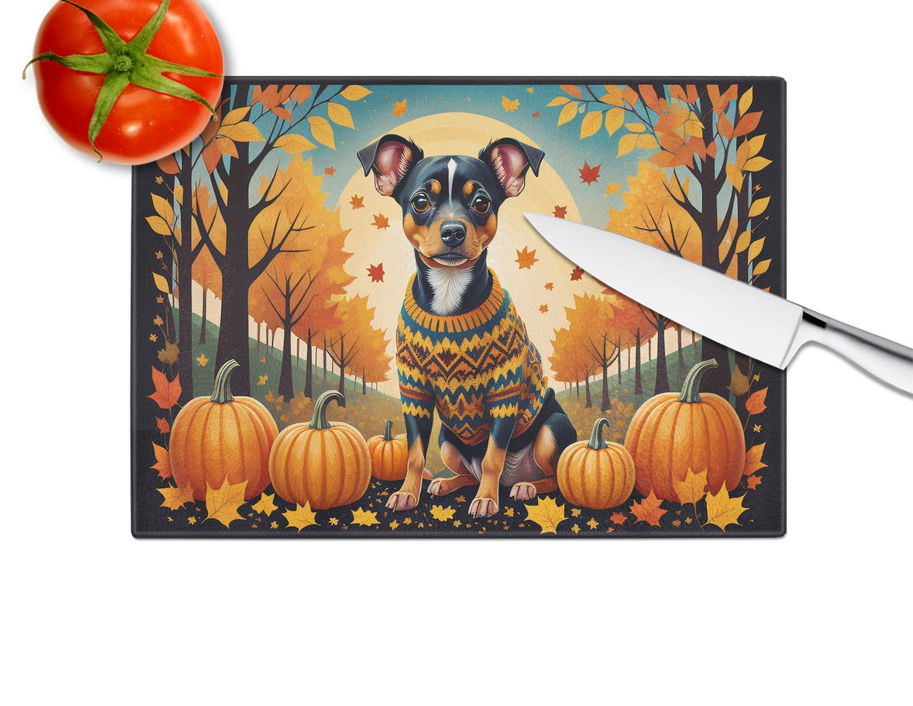 NEW Miniature Pinscher Fall Glass Cutting Board Decorative Tempered Glass Kitchen Cutting and Serving Board Large Size Chopping Board