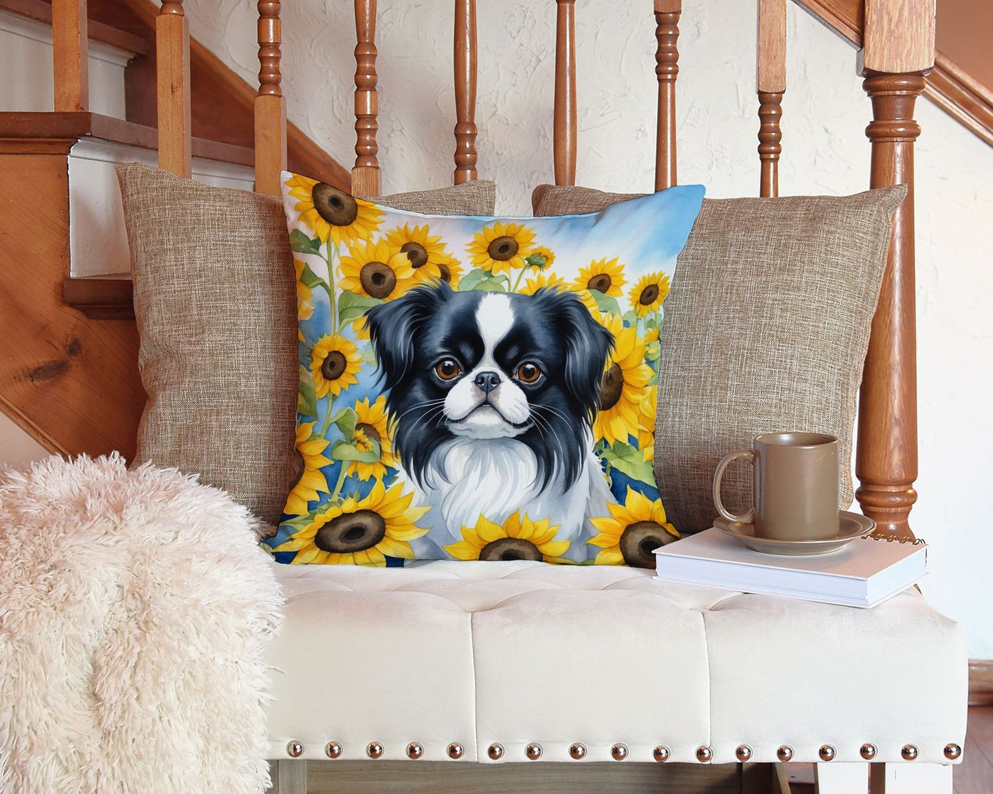 Japanese Chin in Sunflowers Throw Pillow Machine Washable, Indoor Outdoor Decorative Pillow for Couch, Bed or Patio, 14Hx14W