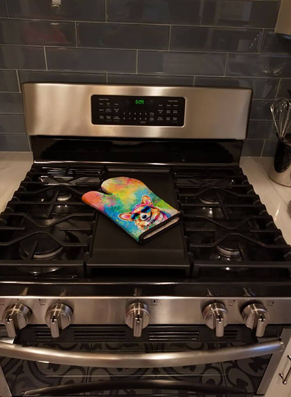 Corgi Hippie Dawg Oven Mitt Heat Resistant Thick Oven Mitt for Hot Pans and Oven, Kitchen Mitt Protect Hands, Cooking Baking Glove